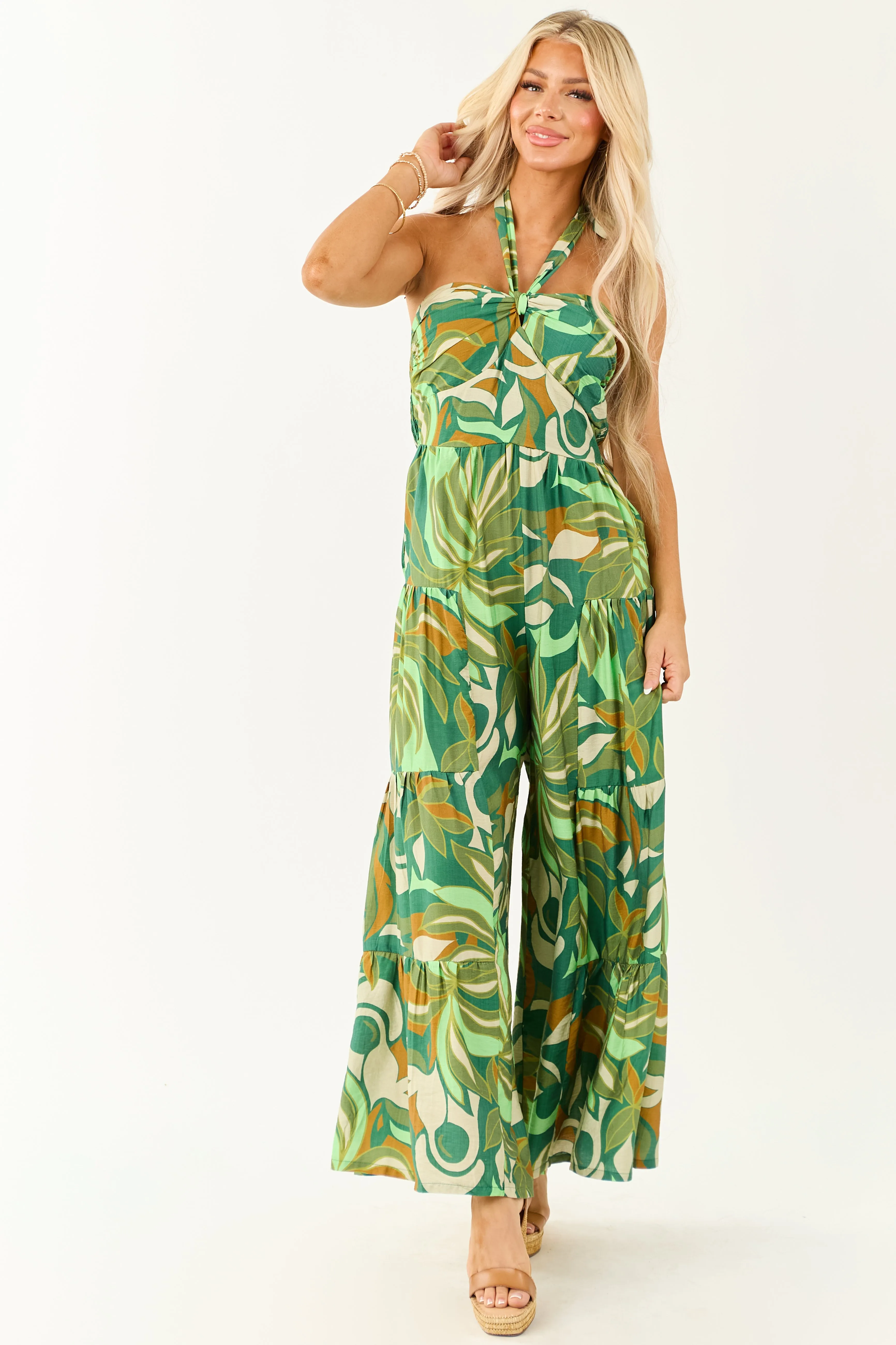 Kiwi Tropical Print Halter Front Tie Jumpsuit feminine touch