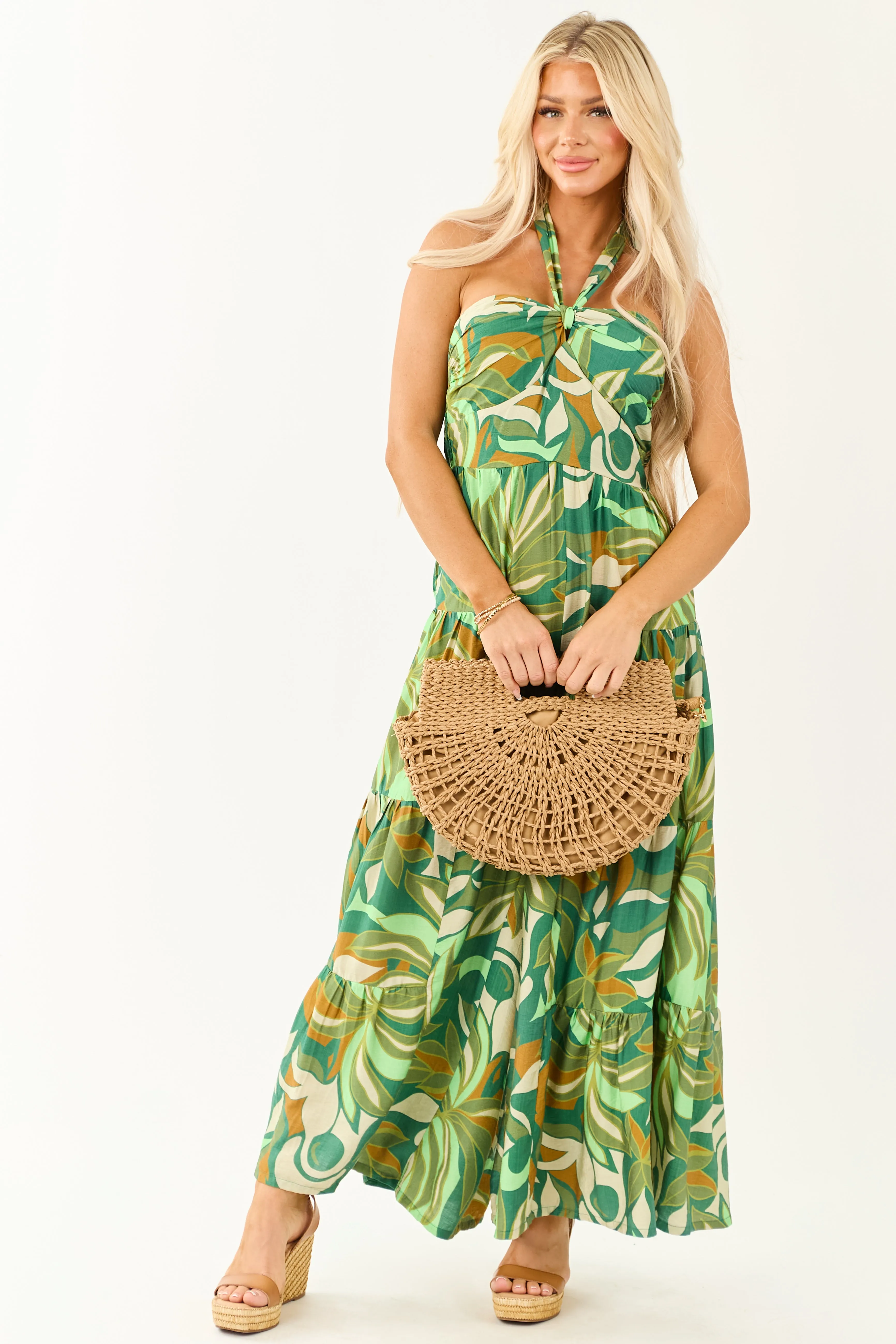 Kiwi Tropical Print Halter Front Tie Jumpsuit feminine touch