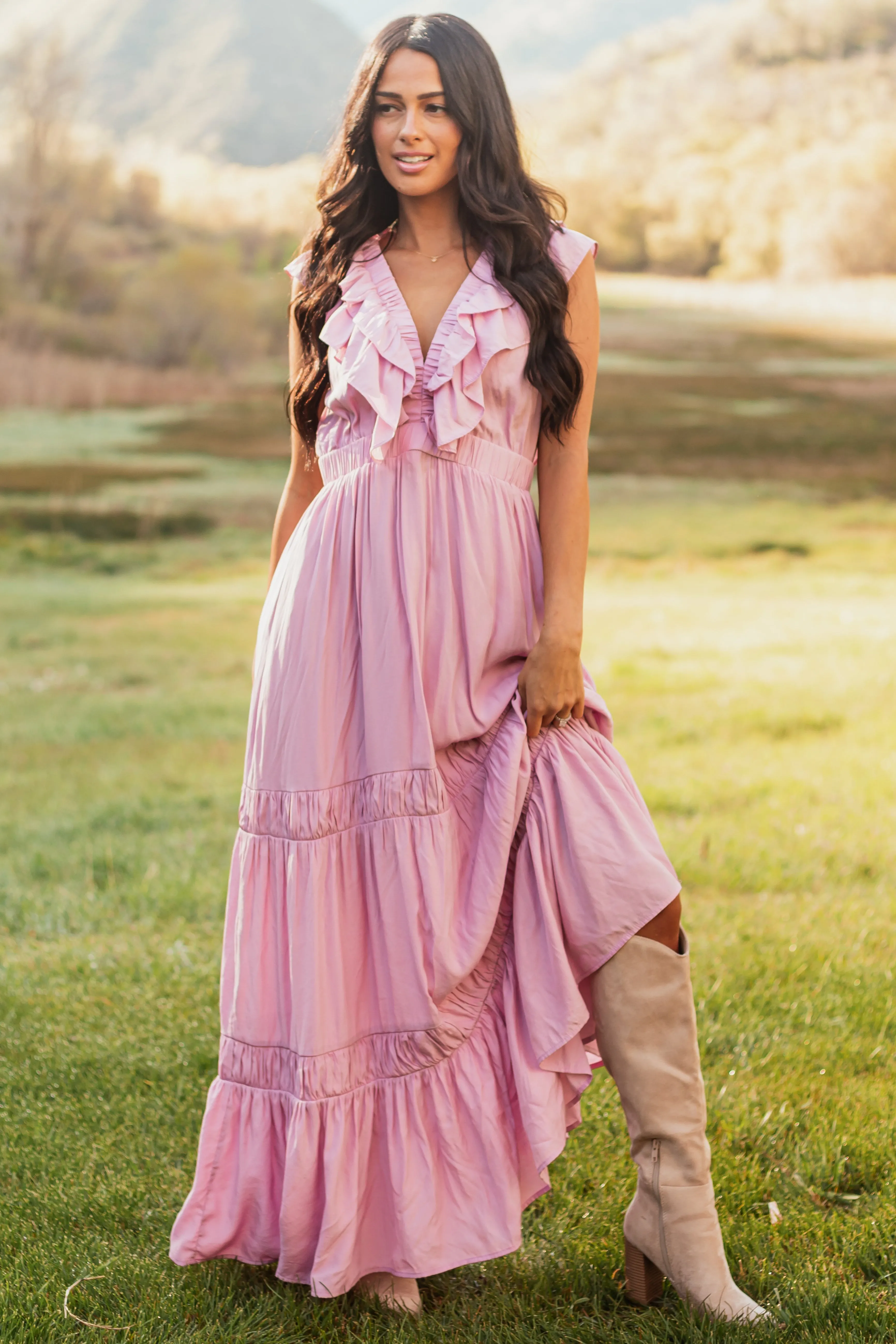 Light Orchid Ruffle Cap Sleeve Maxi Dress ruffled dress