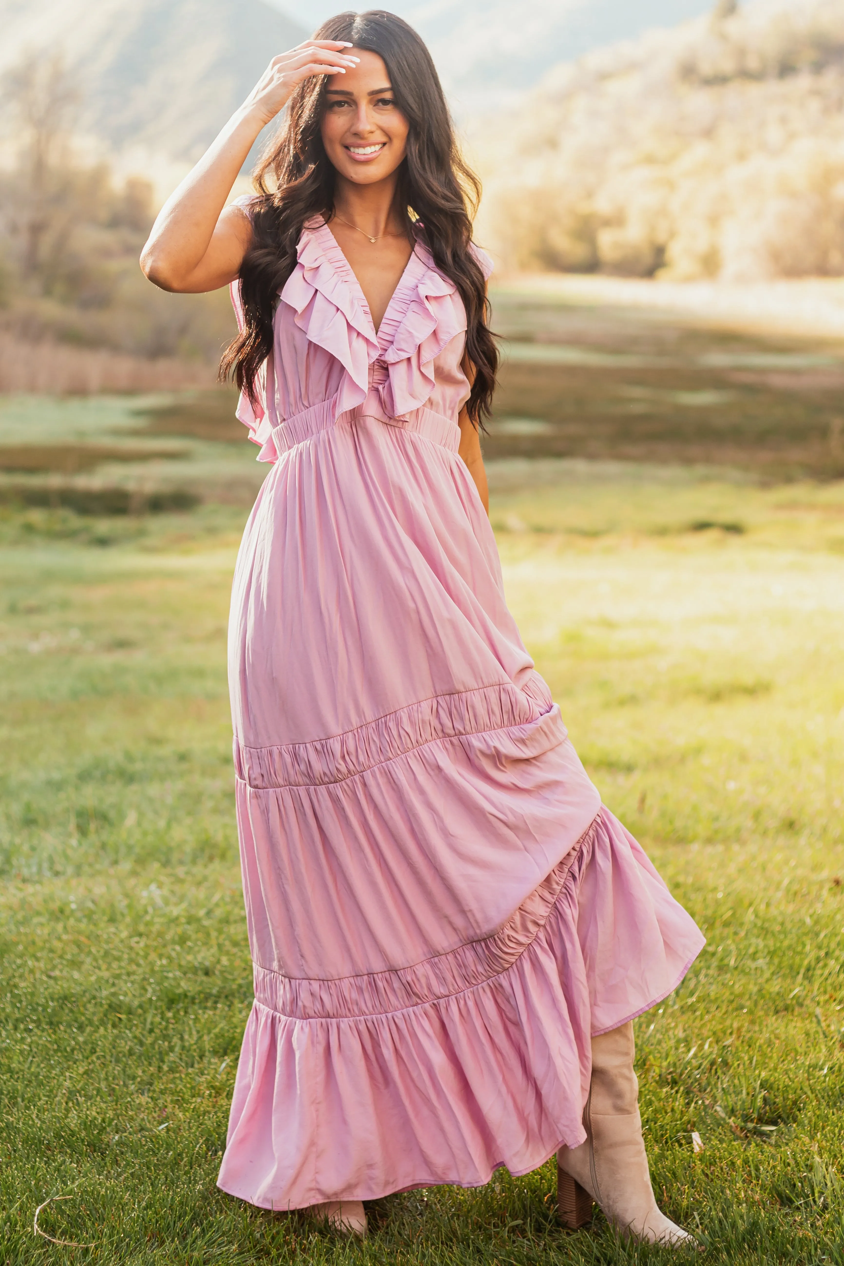 Light Orchid Ruffle Cap Sleeve Maxi Dress ruffled dress