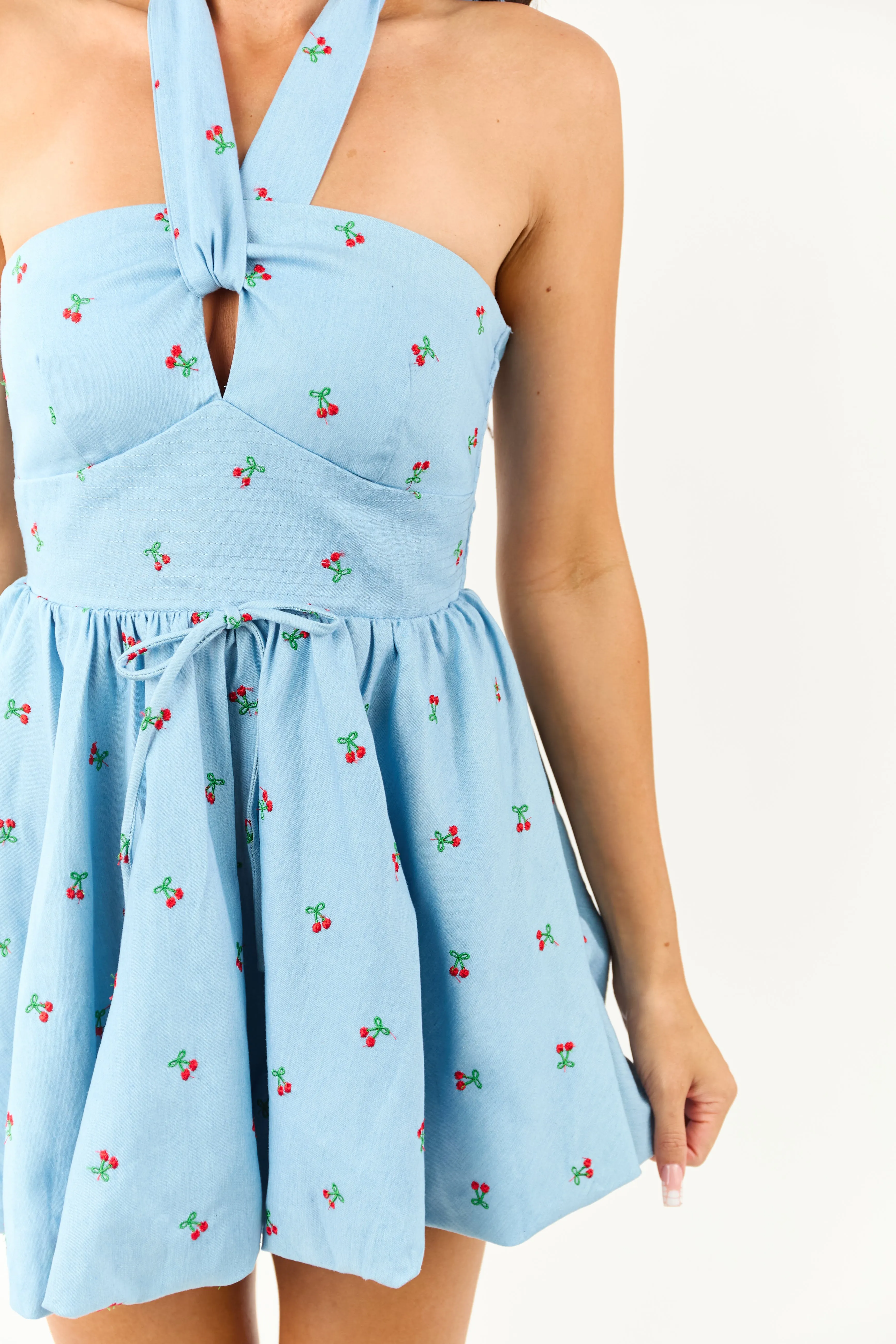 Light Wash Chambray Cherry Embroidered Mini Dress office wear