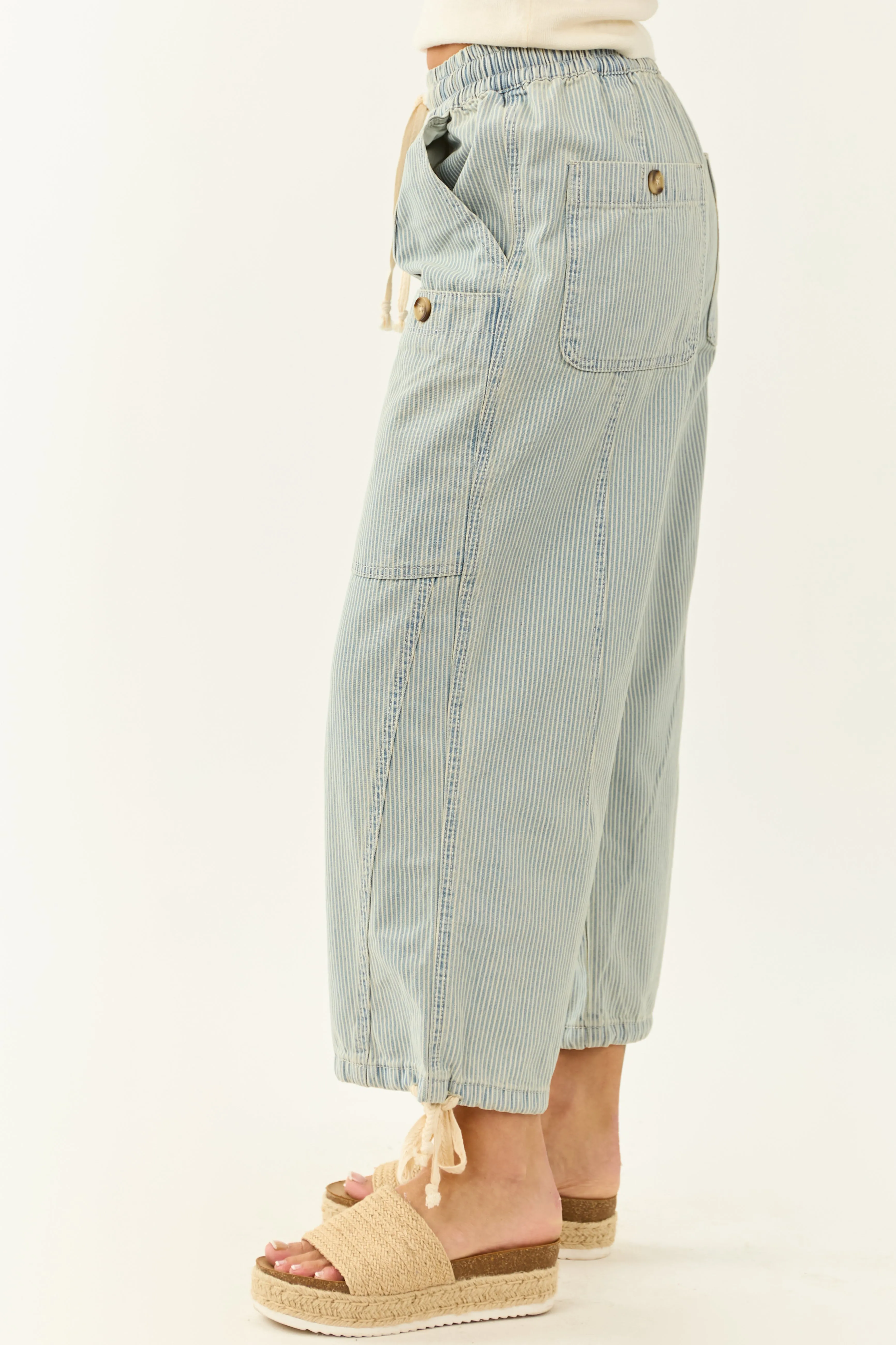 Light Wash Railroad Stripe High Rise Drawstring Pants carry easy