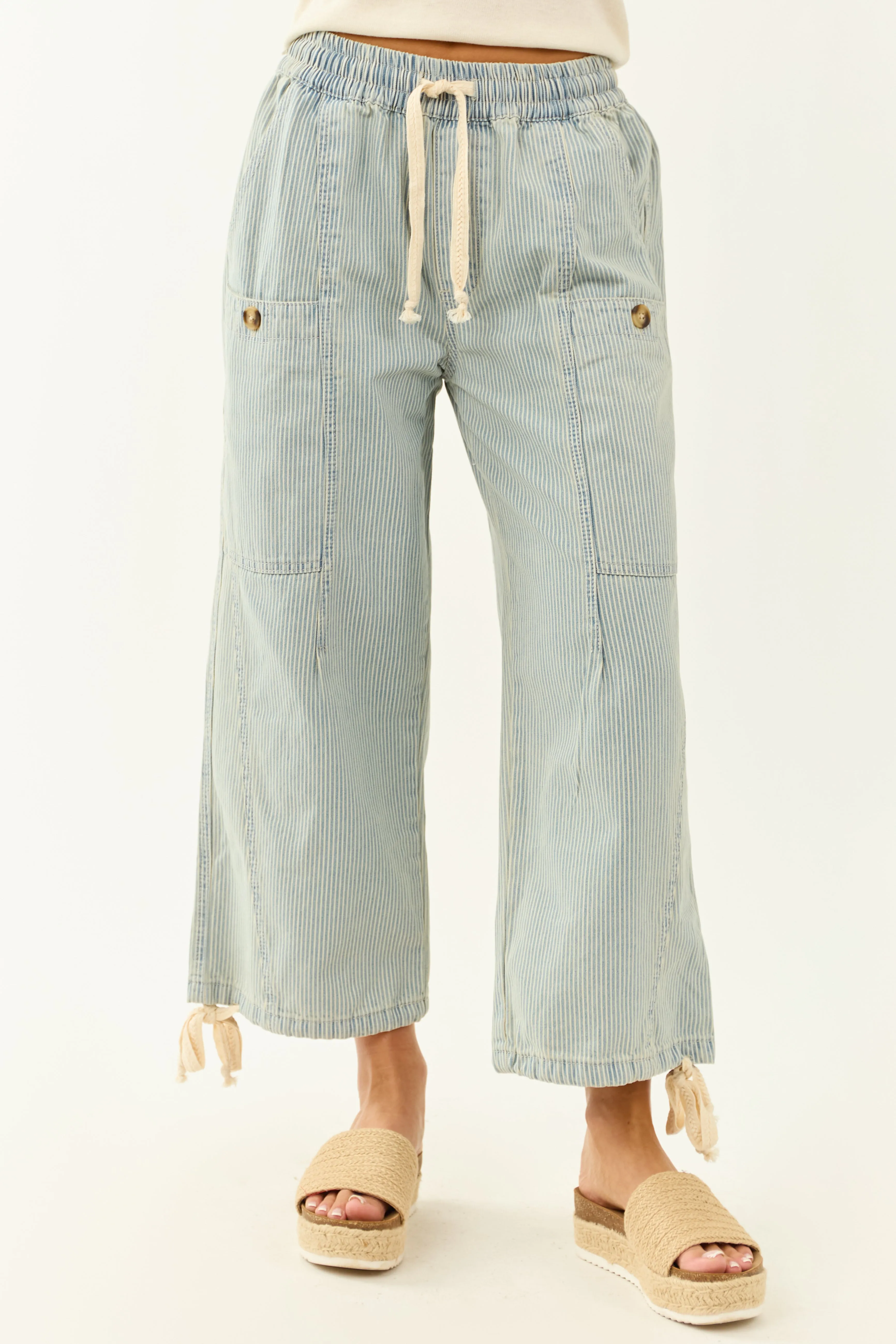 Light Wash Railroad Stripe High Rise Drawstring Pants carry easy