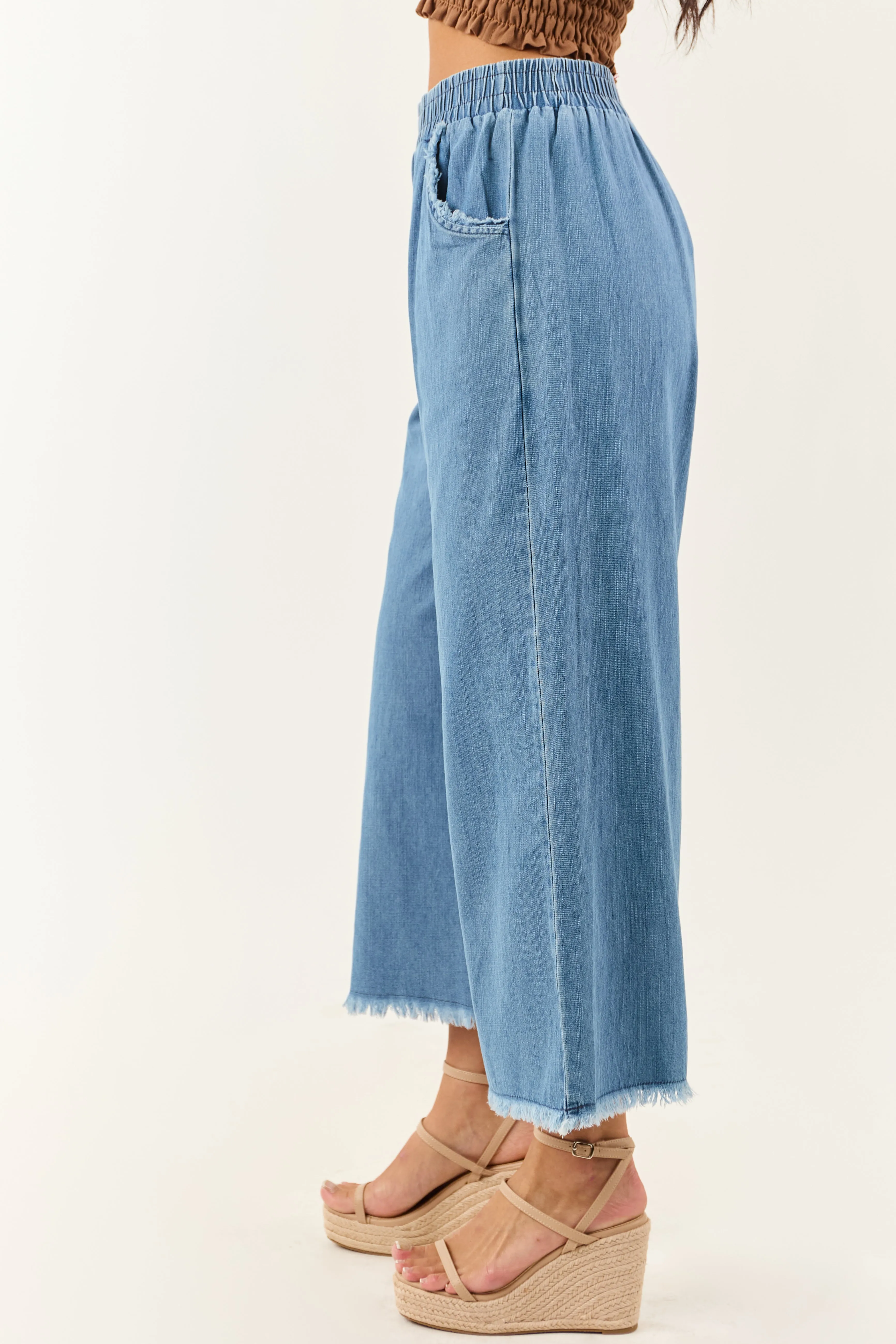 Light Wash Wide Leg Cropped Chambray Pants style flow