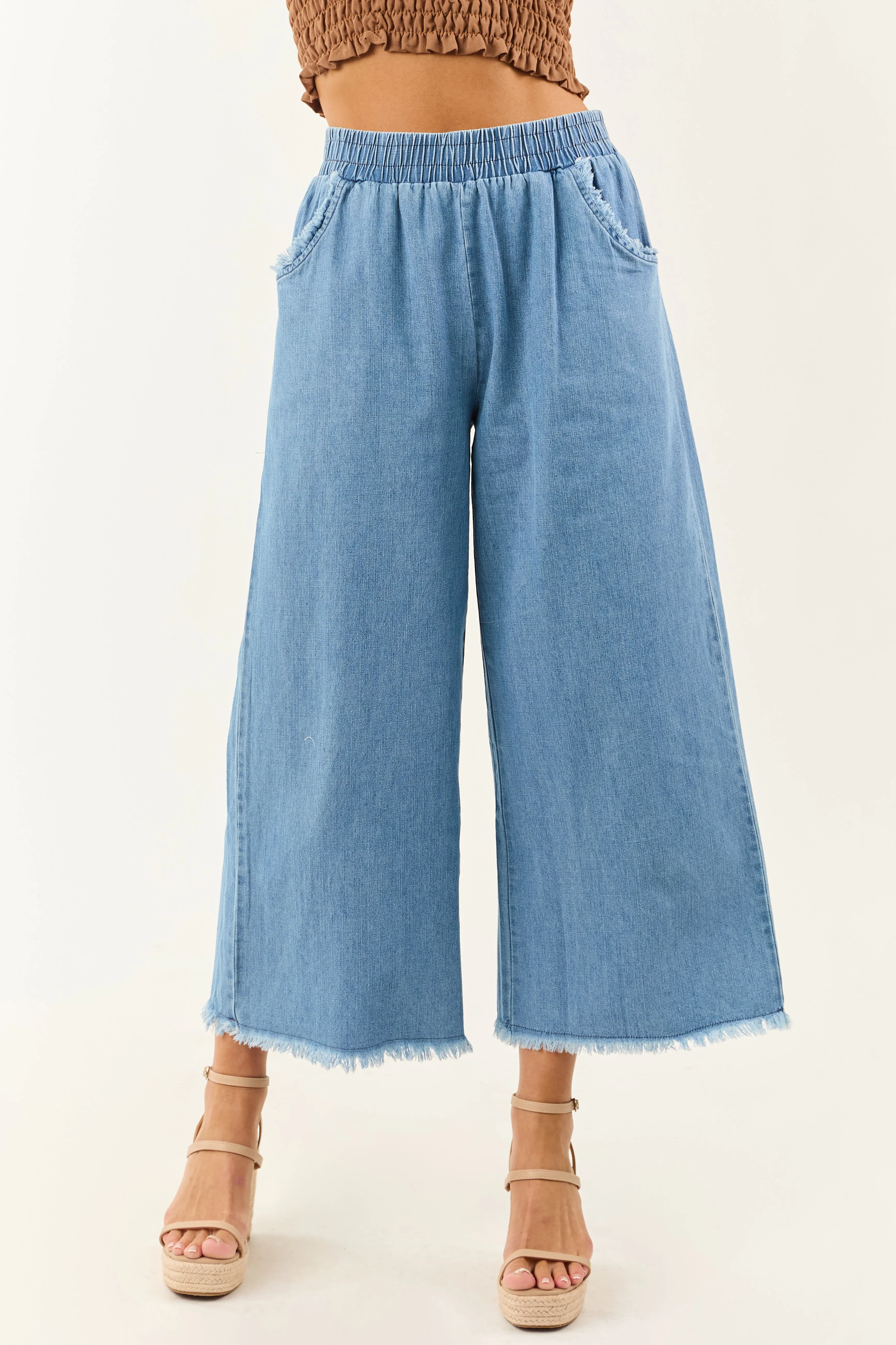 Light Wash Wide Leg Cropped Chambray Pants style flow