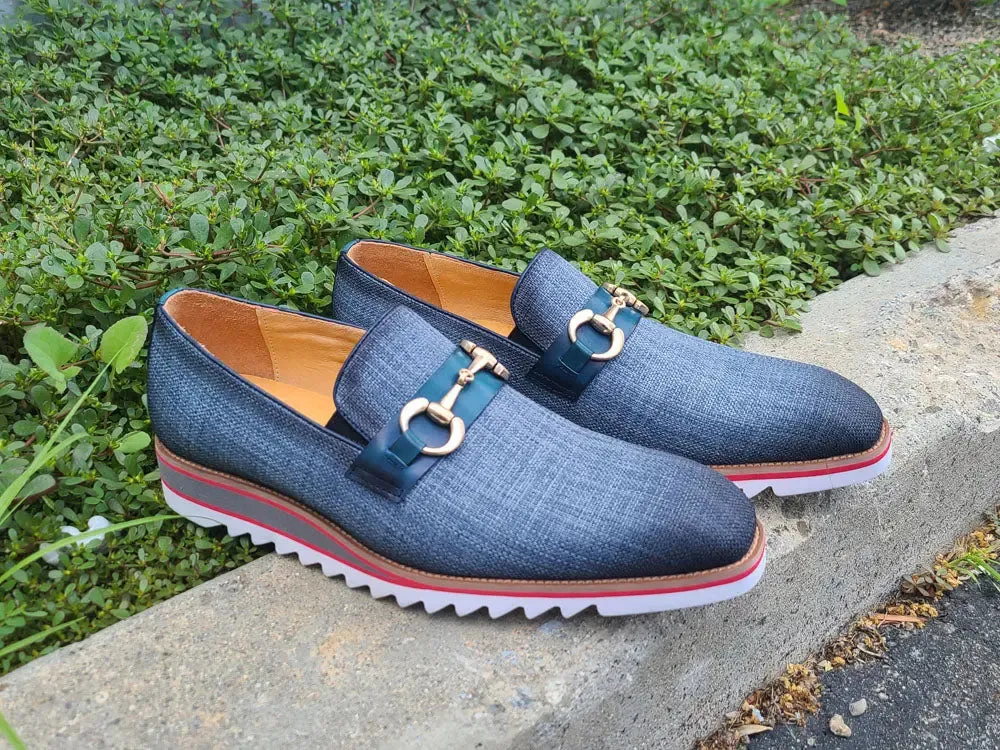 Linen Loafer With Gold Tone Buckle elegant step