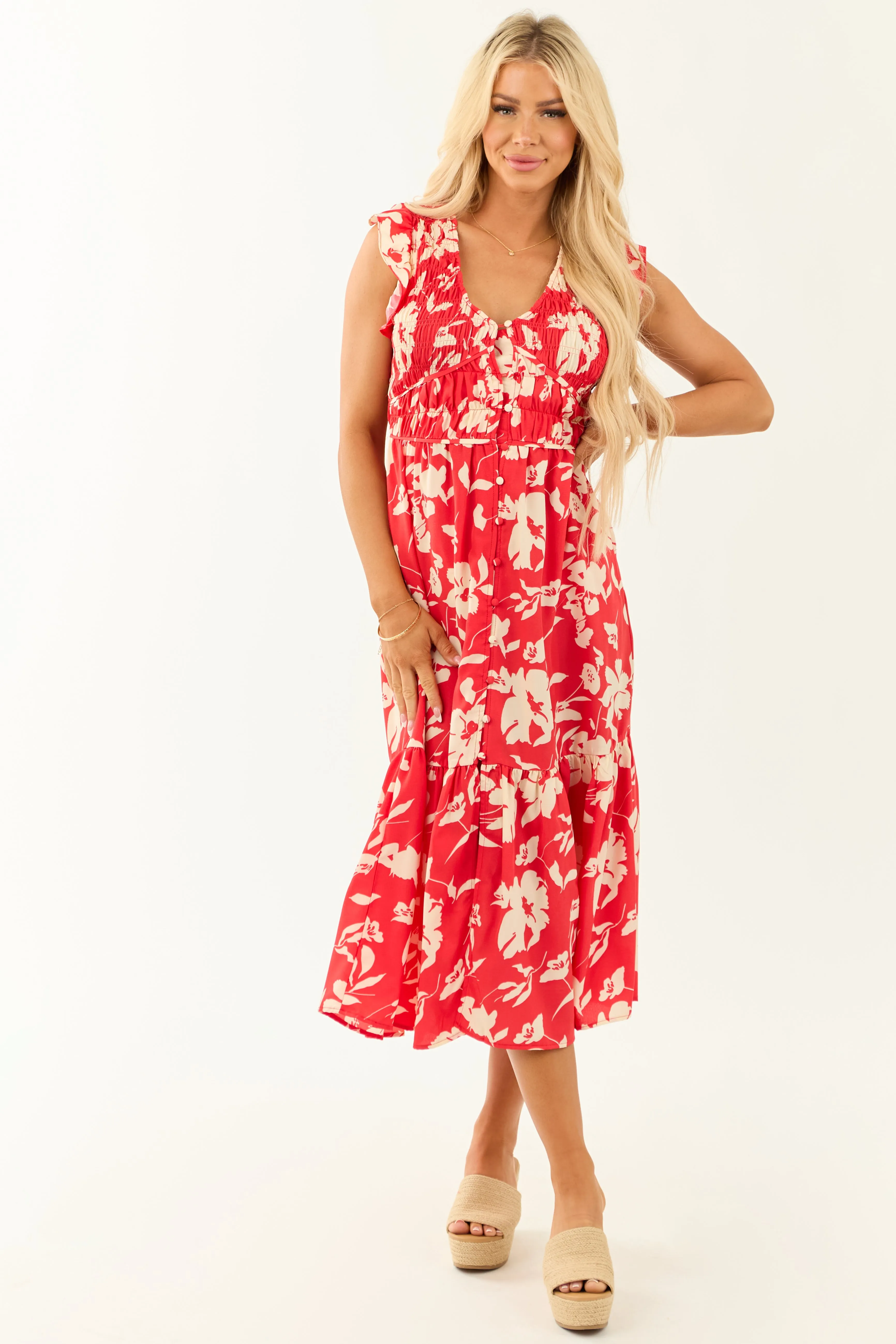 Lipstick V Neck Floral Print Button Down Midi Dress long sleeve
