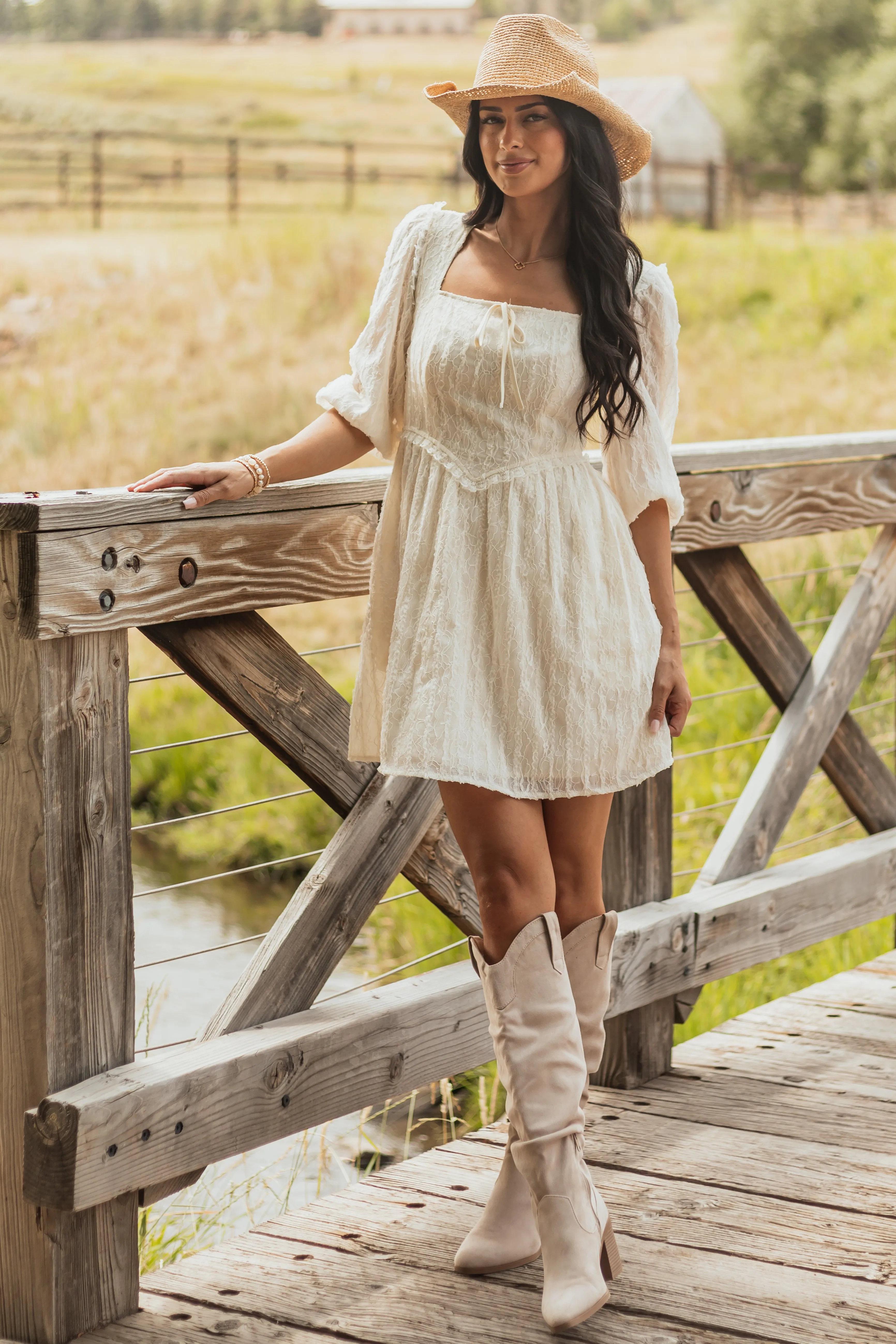 8/1/2025,ALL_PRODUCTS,back-in-stock:true,filter-color:White/Ivory,filter-fabric:Lace,filter-neckline:Square,filter-pattern:Solid,filter-season:Fall,filter-sleeve:3/4 Sleeve,gpc:Dresses,pc:Short_Dresses,Reg-Price