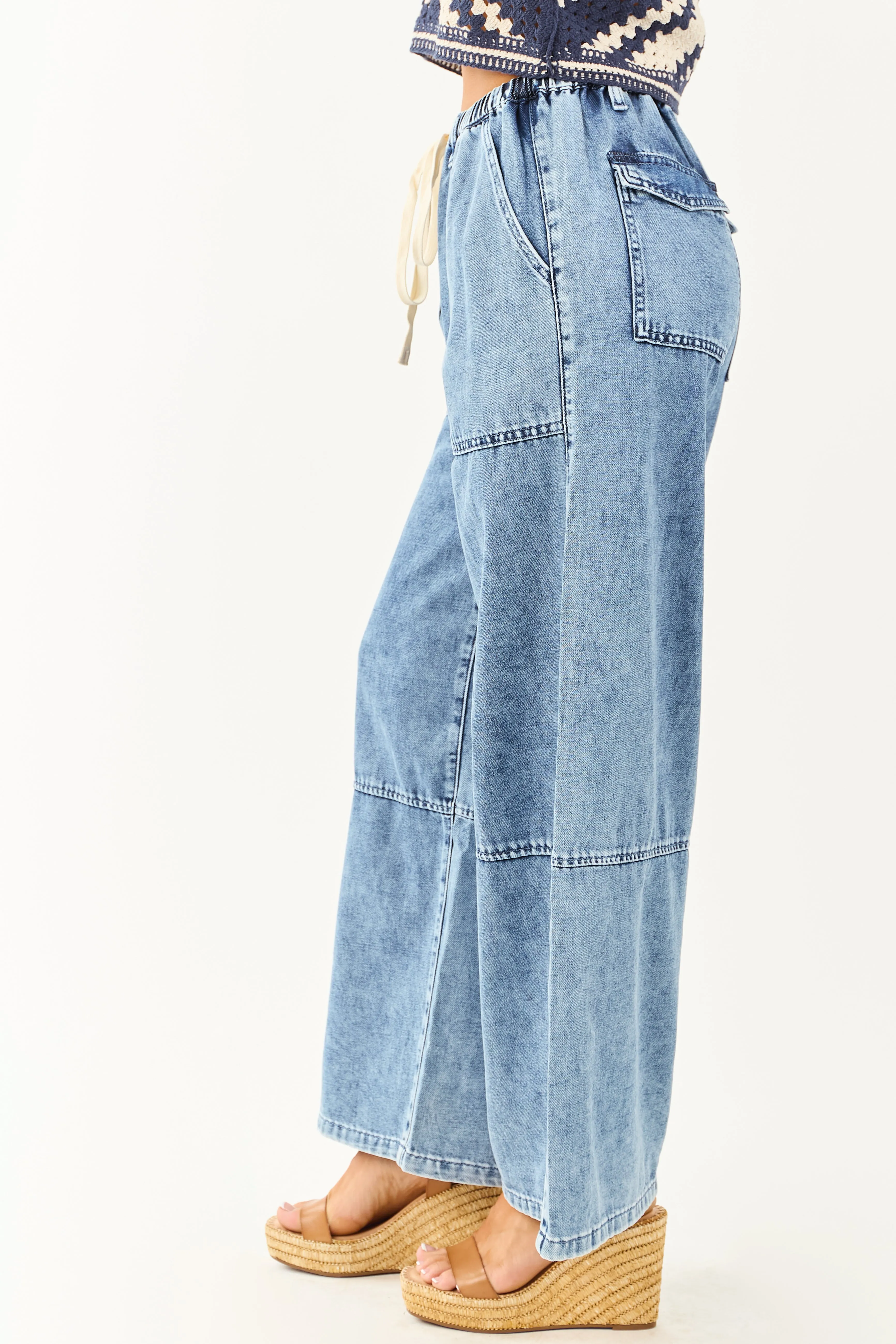 Listicle Medium Wash Wide Leg Drawstring Denim Pants youth style