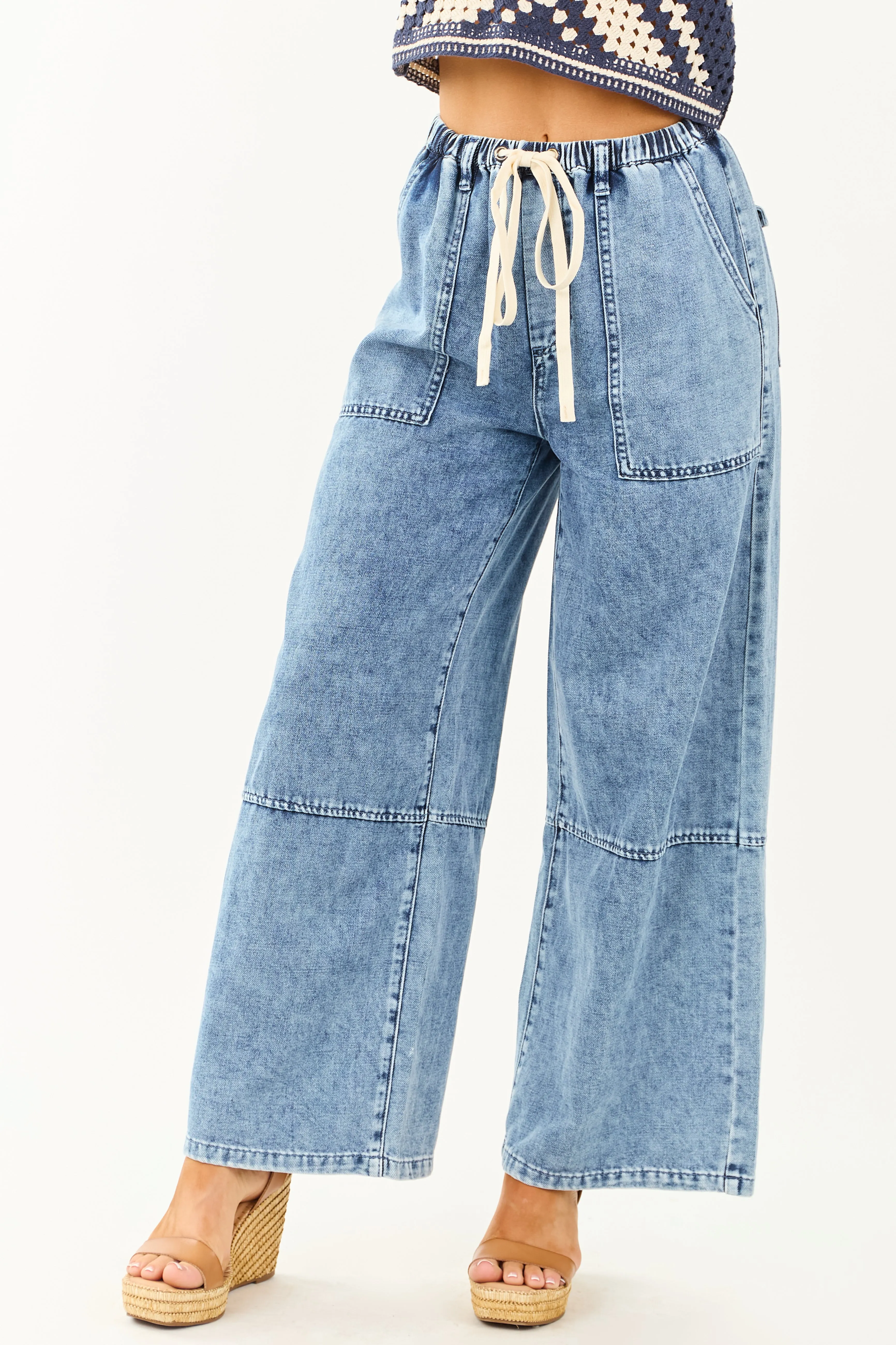 Listicle Medium Wash Wide Leg Drawstring Denim Pants youth style