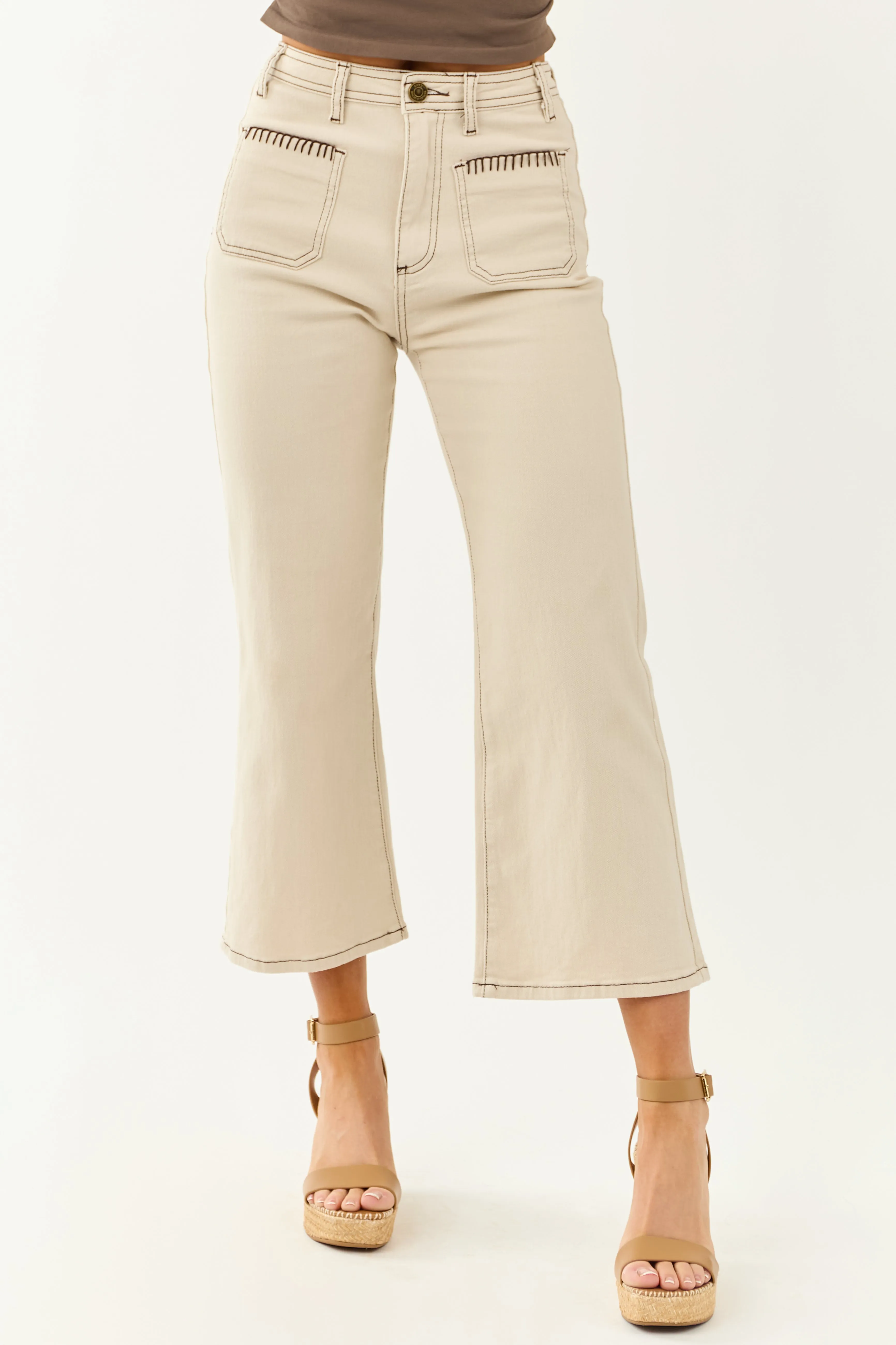 Lovelo Almond Stretchy Denim Crop Wide Flare Pants young heart