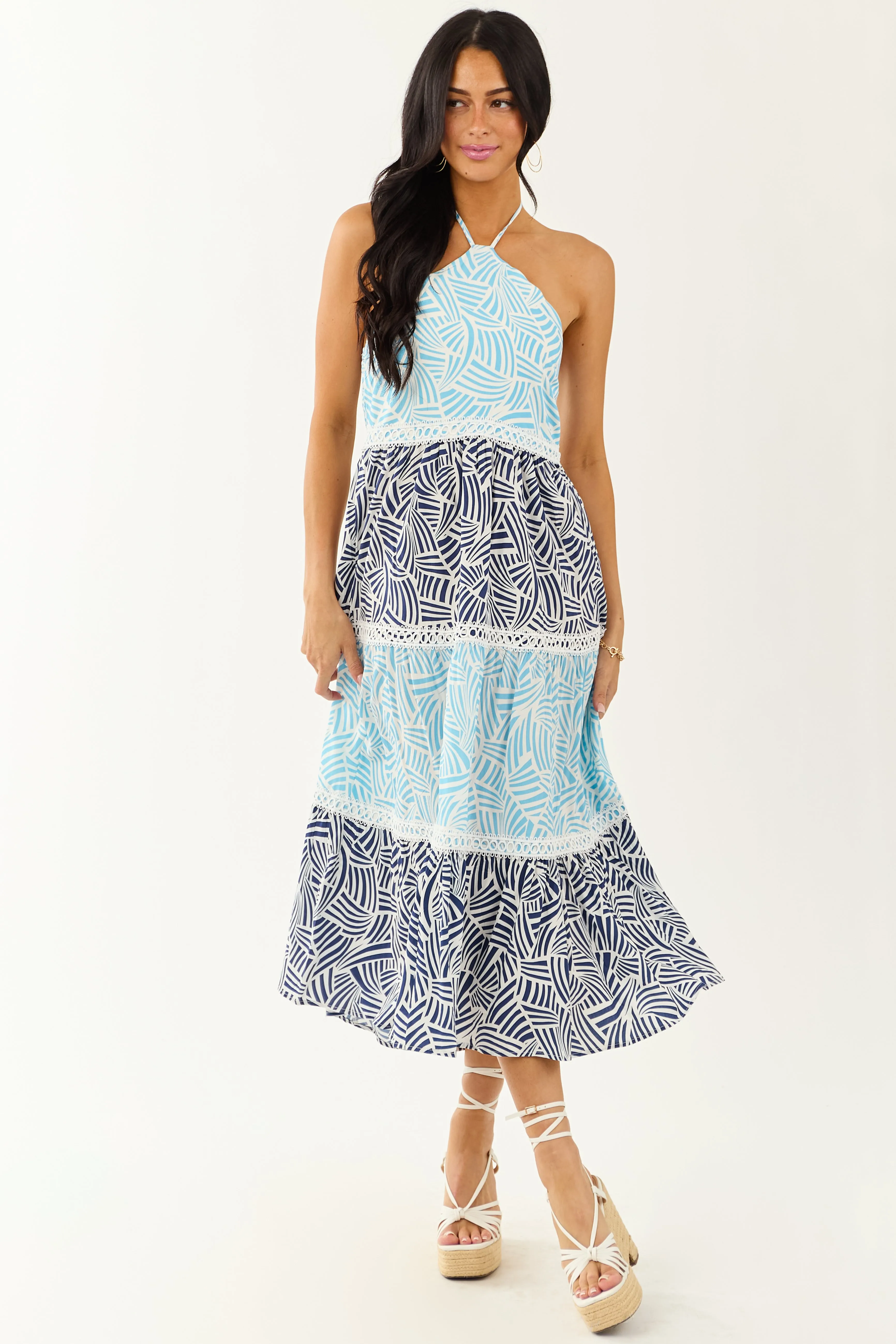 Lovelo Baby Blue Abstract Colorblock Midi Dress halter neck