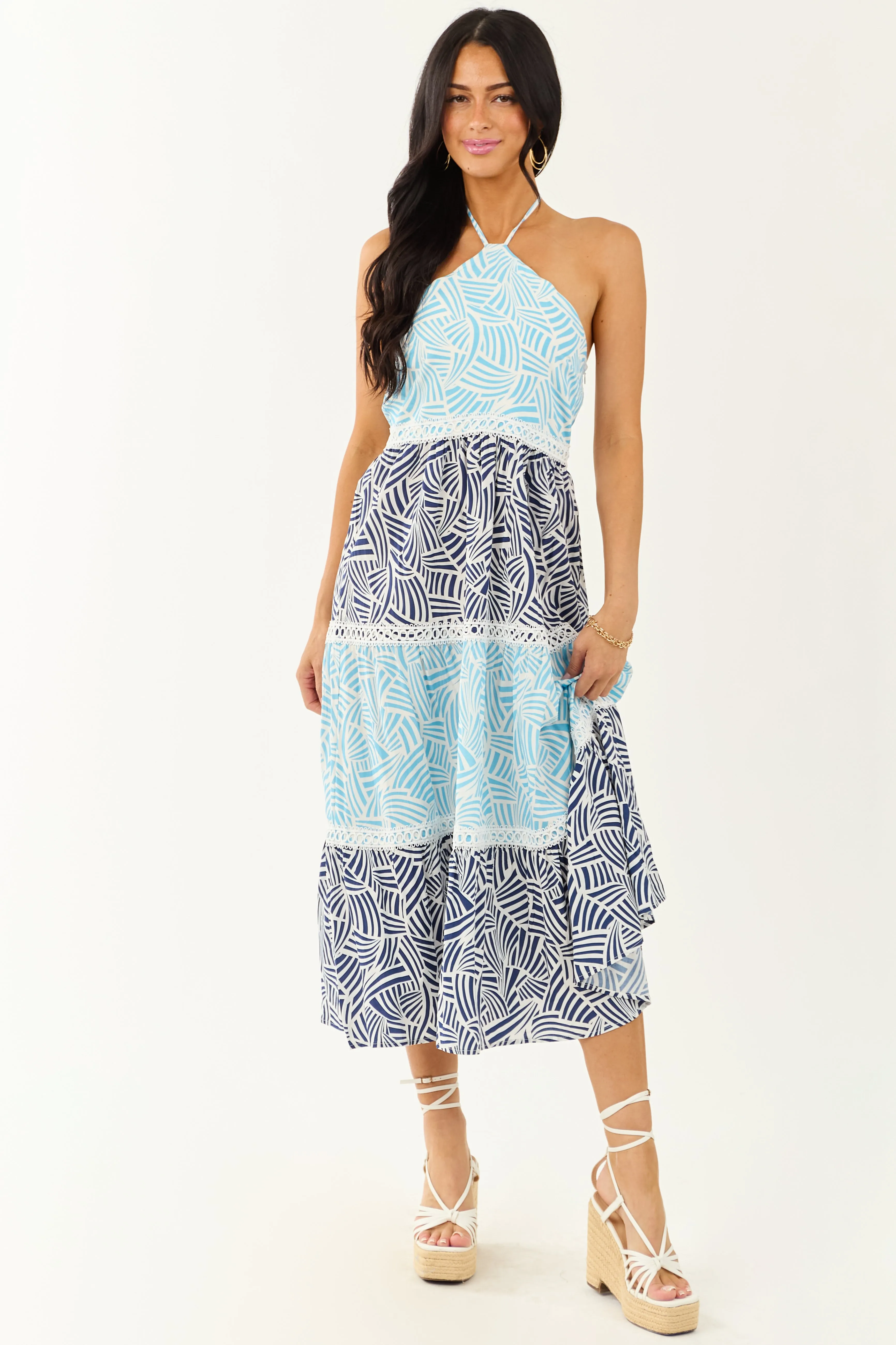 Lovelo Baby Blue Abstract Colorblock Midi Dress halter neck