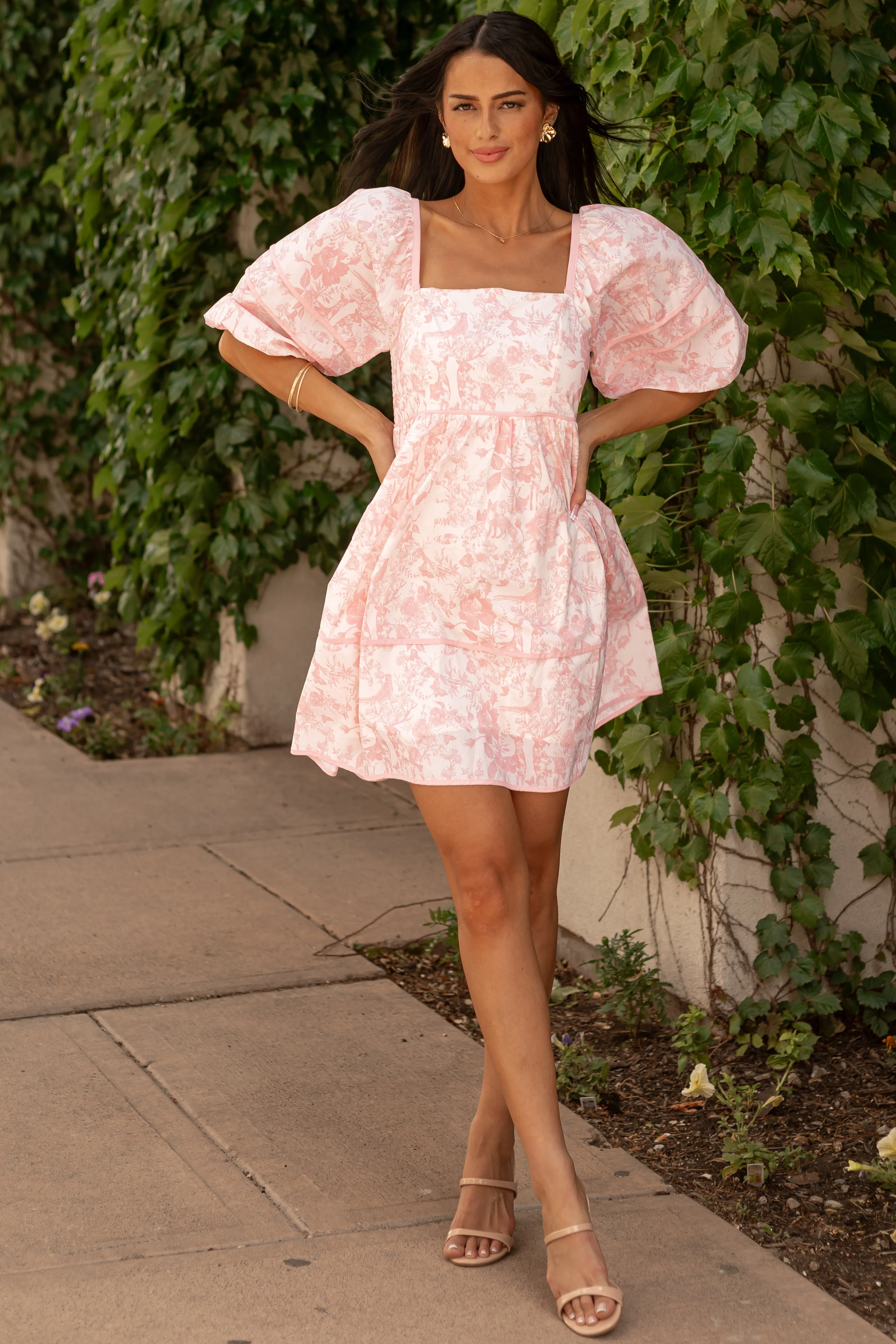 Lovelo Carnation French Toile Puff Sleeve Mini Dress bohemian chic