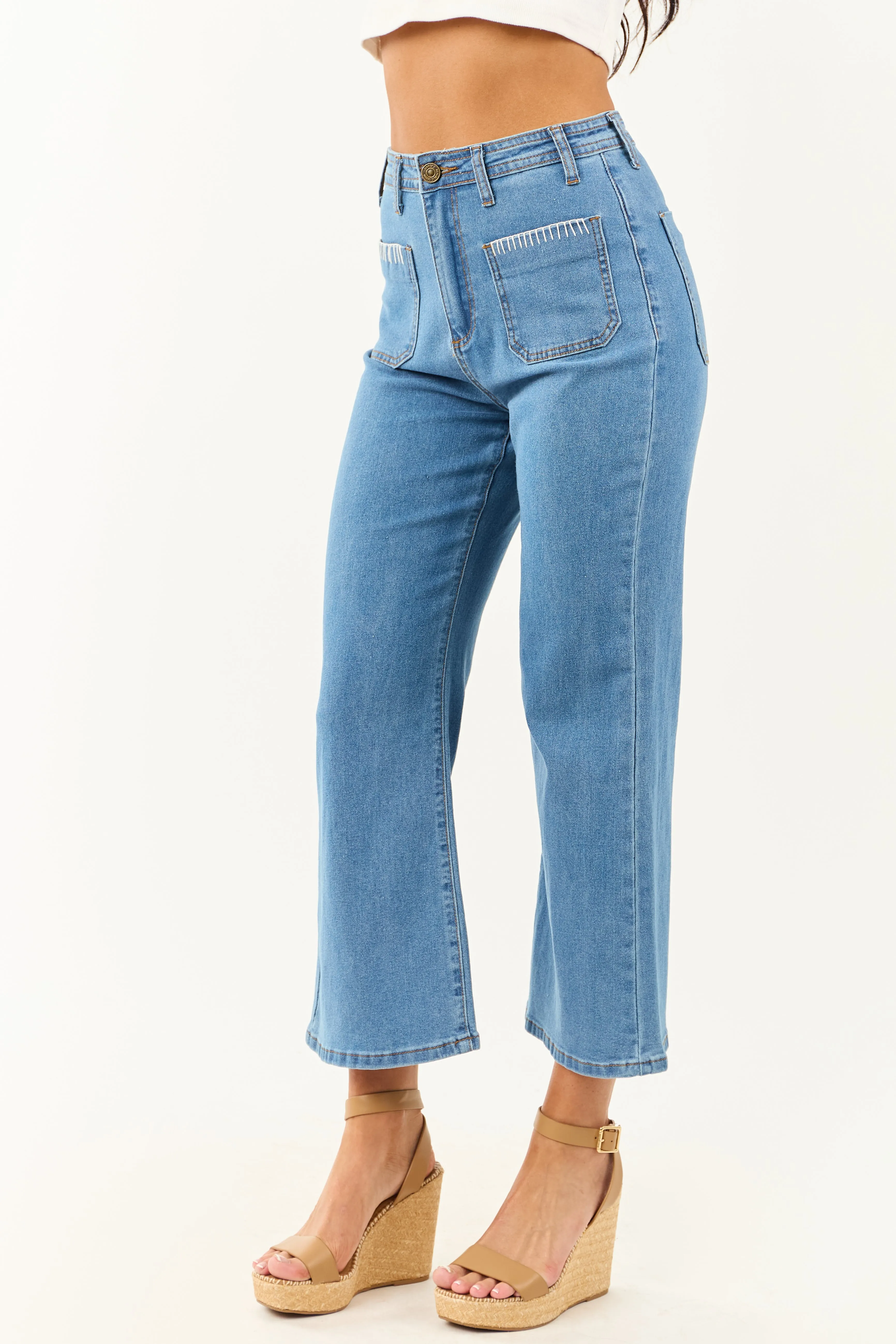Lovelo Medium Wash Denim Stretchy Crop Straight Pants fast dress