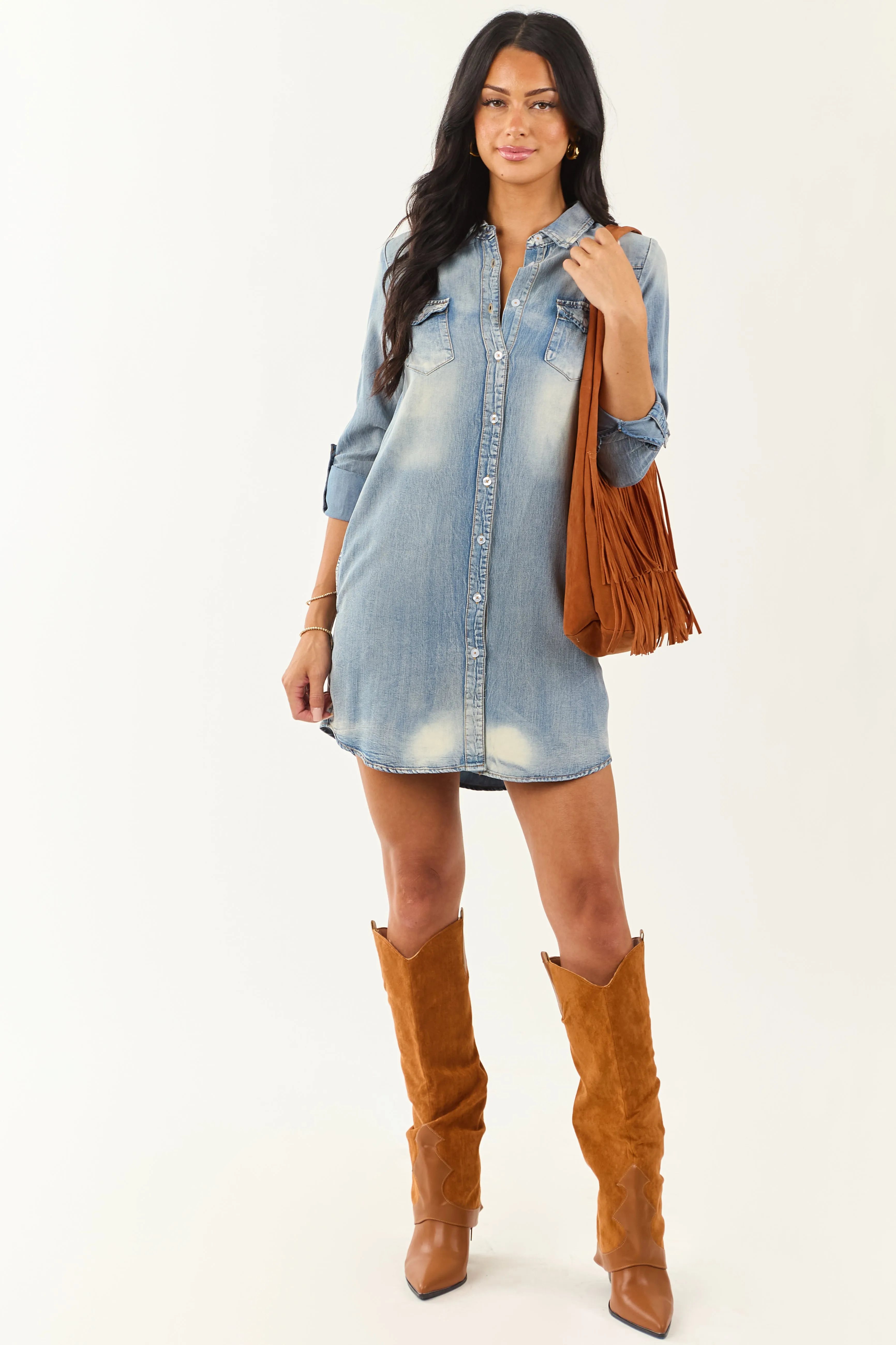 Medium Vintage Wash Chambray Button Down Mini Dress long sleeve