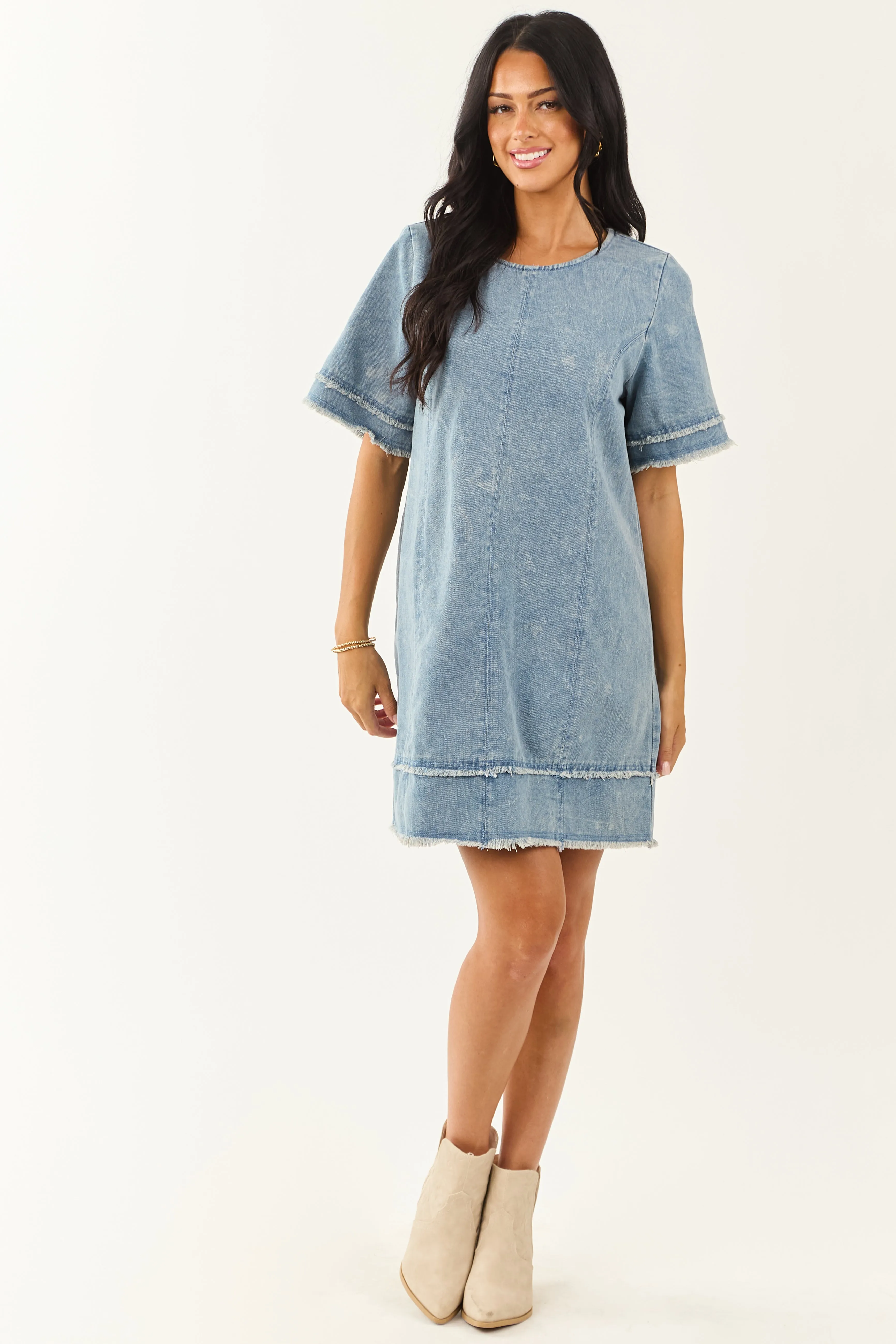 Medium Vintage Wash Denim Frayed Trim Mini Shift Dress shift dress