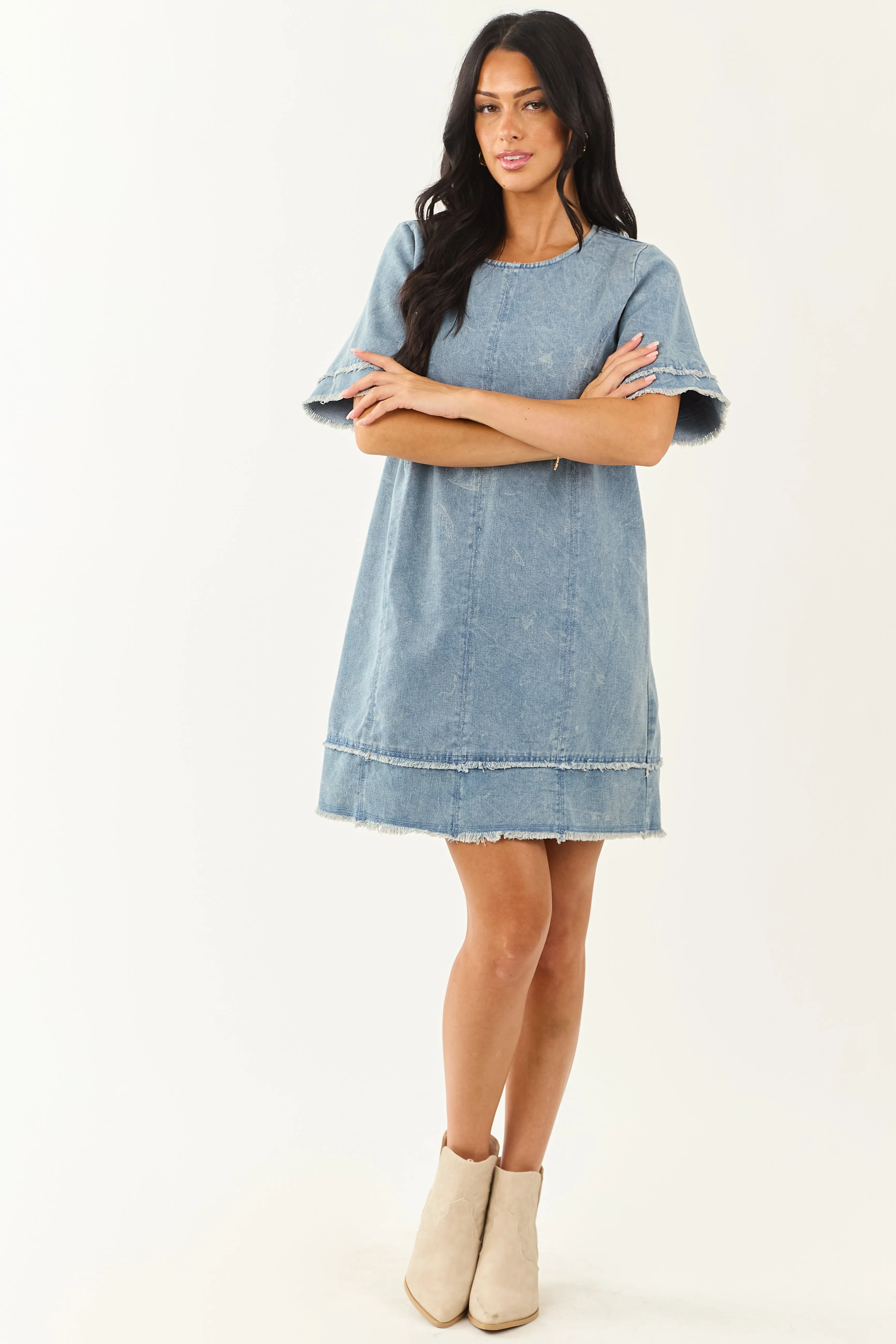 Medium Vintage Wash Denim Frayed Trim Mini Shift Dress shift dress