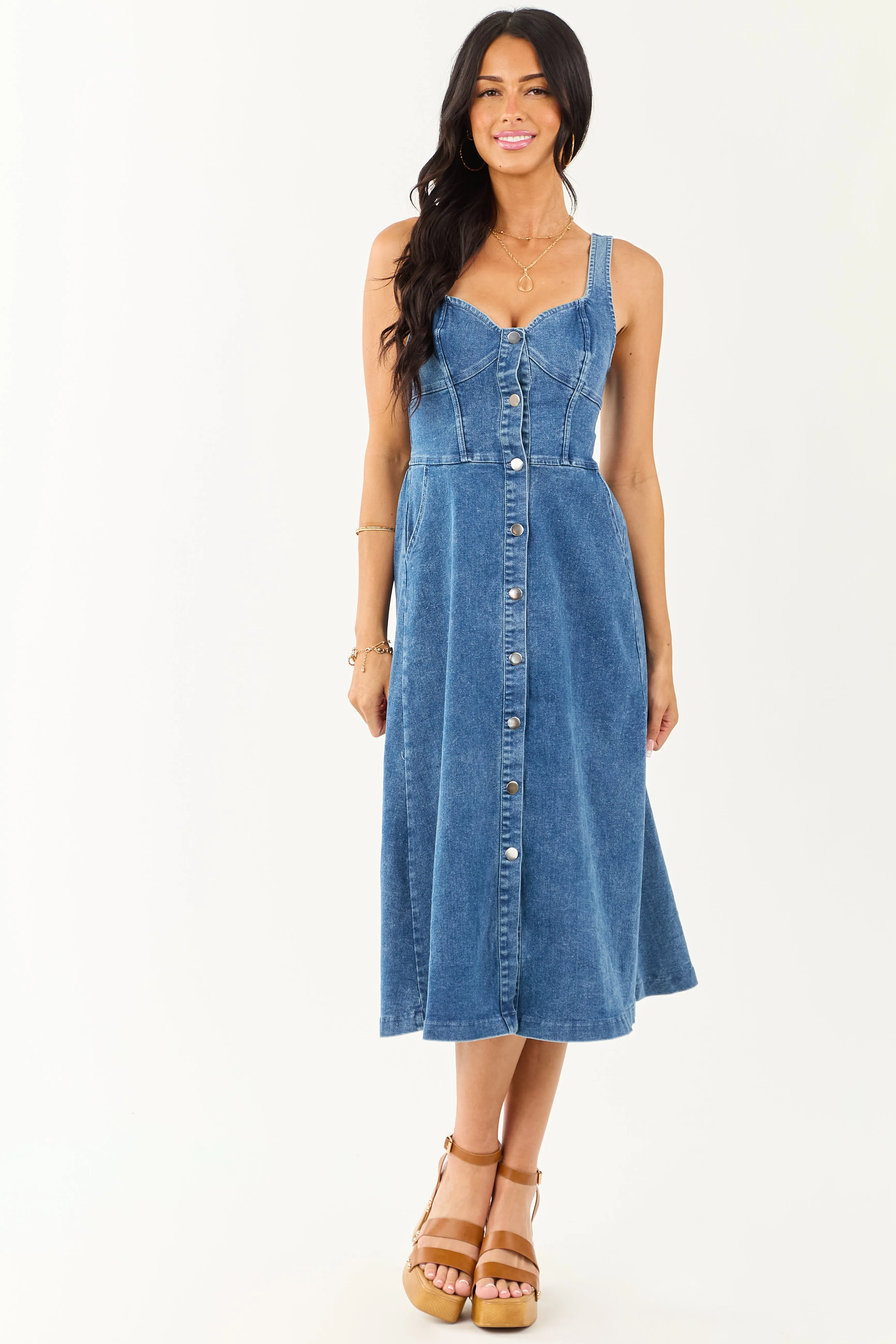 Medium Wash Button Down Sleeveless Denim Midi Dress chiffon dress