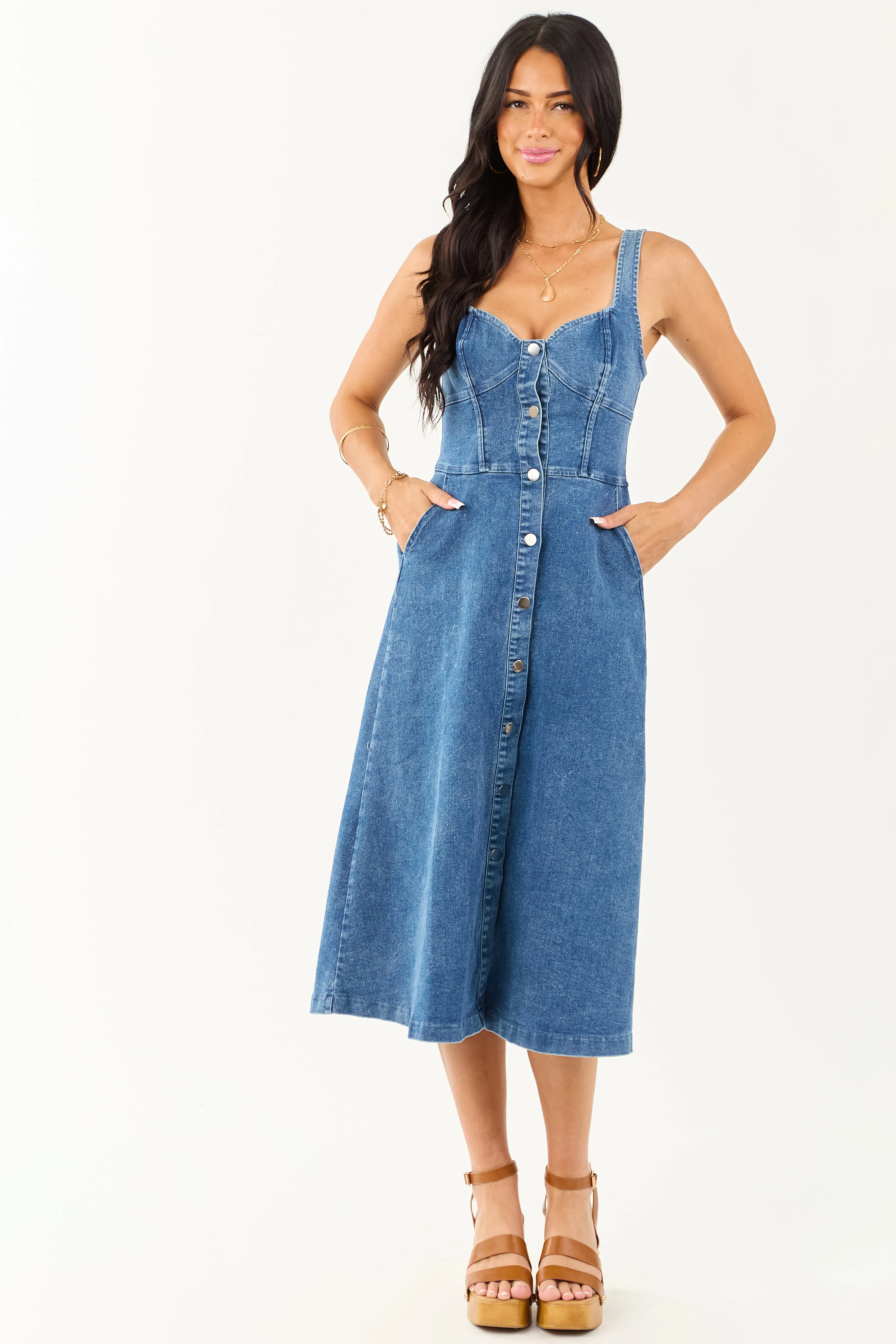 Medium Wash Button Down Sleeveless Denim Midi Dress chiffon dress