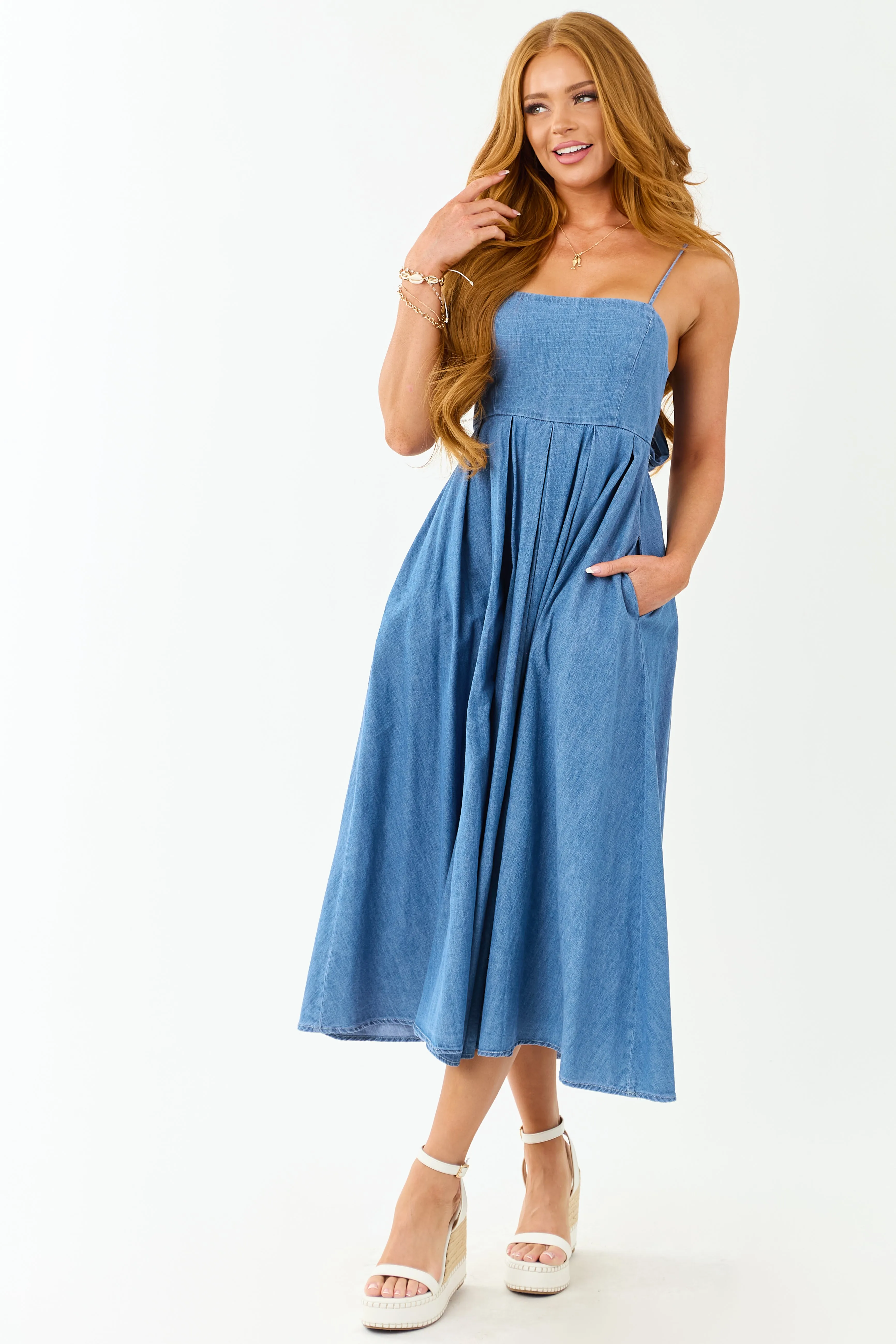 Medium Wash Chambray Denim Open Back Midi Dress beaded dress
