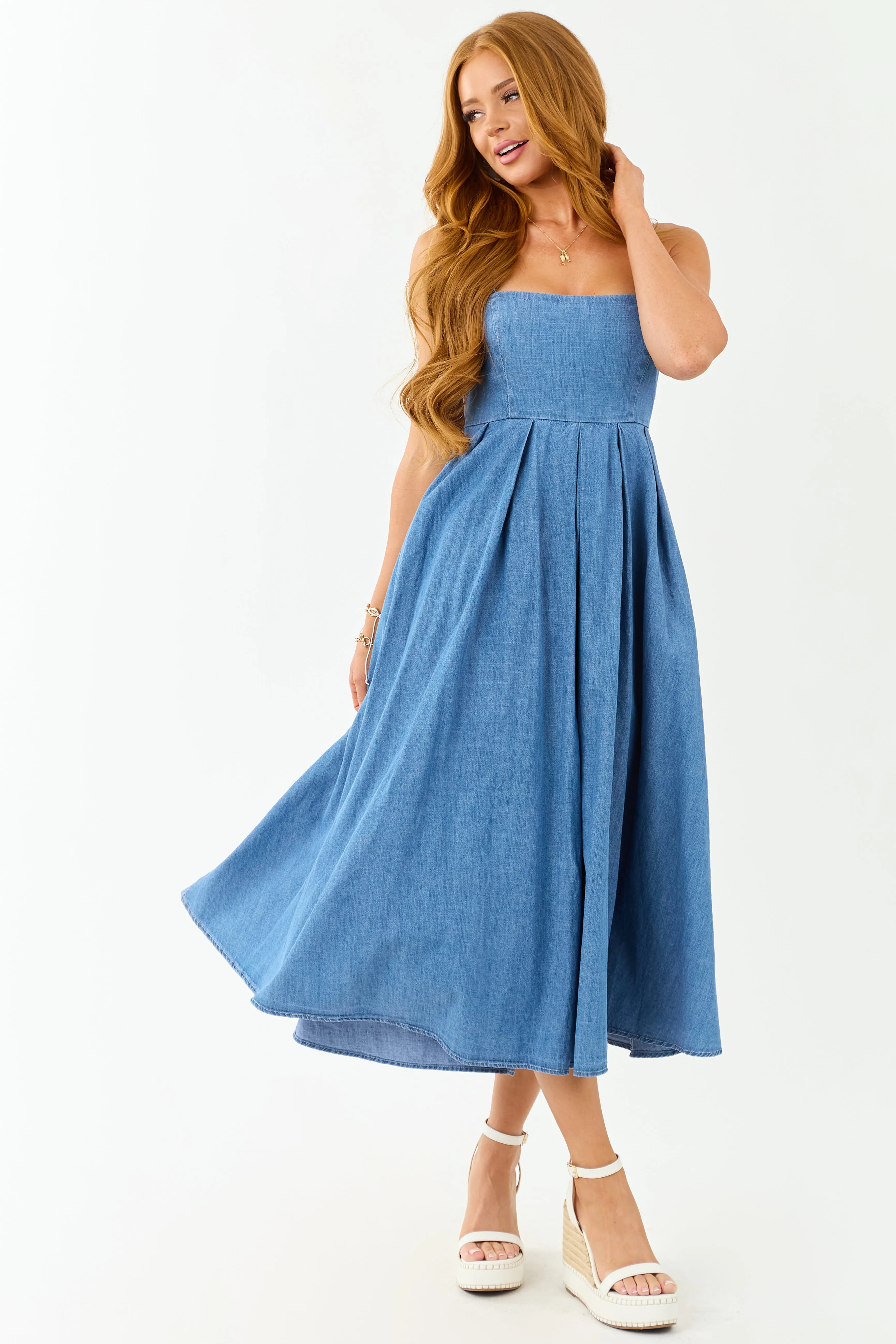 Medium Wash Chambray Denim Open Back Midi Dress beaded dress