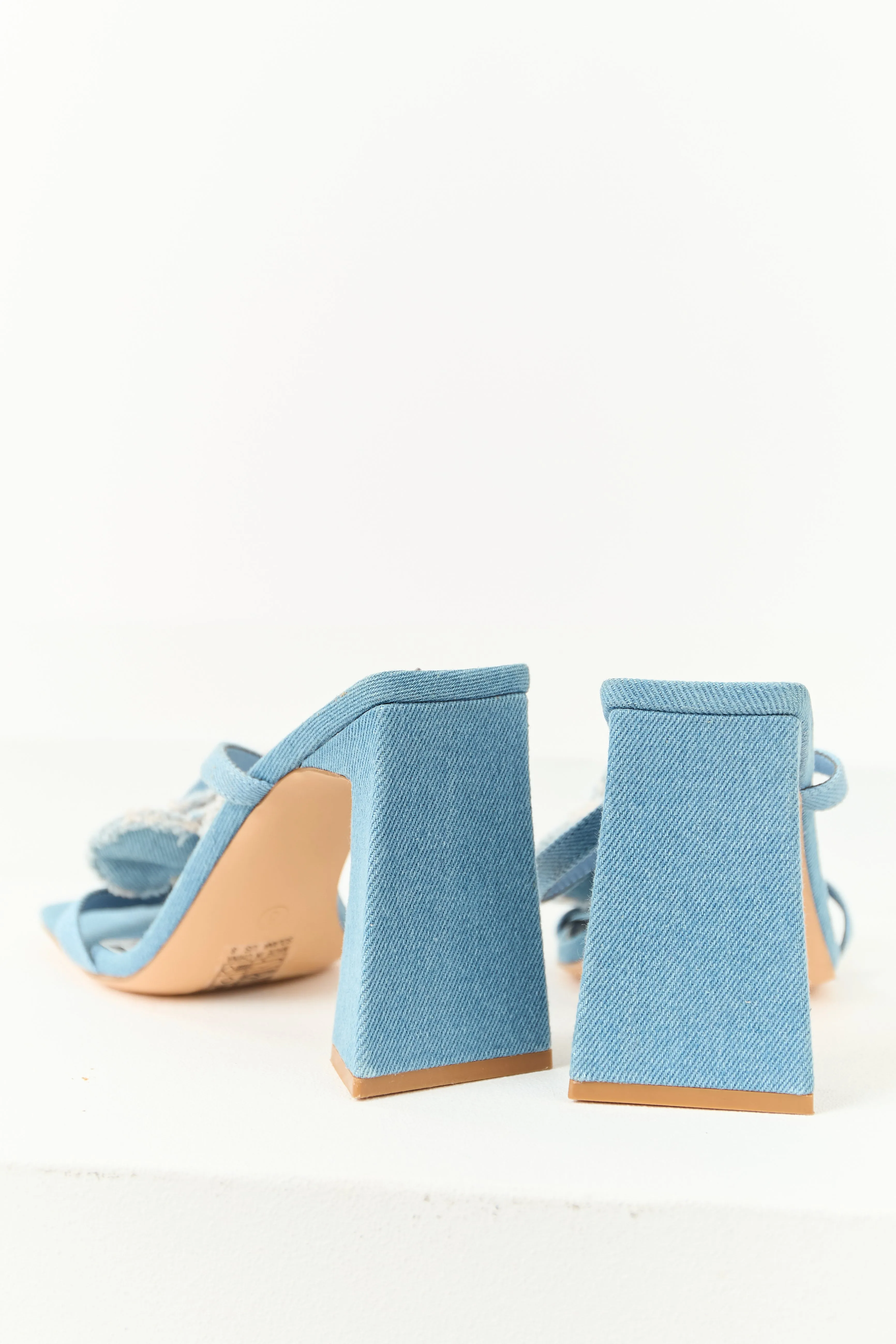 Medium Wash Denim Square Toe Flower Strap Heels feminine edge