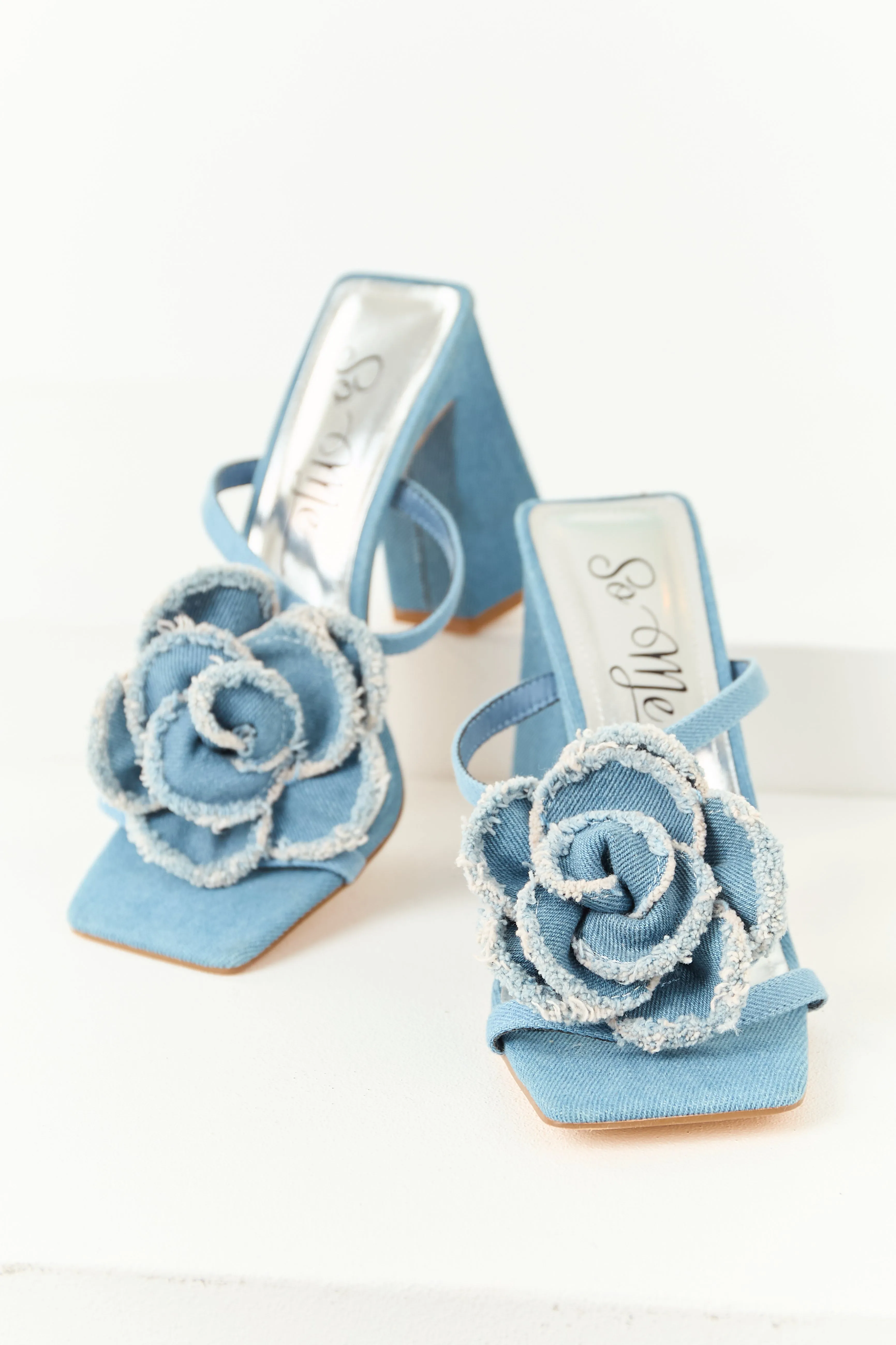 Medium Wash Denim Square Toe Flower Strap Heels feminine edge