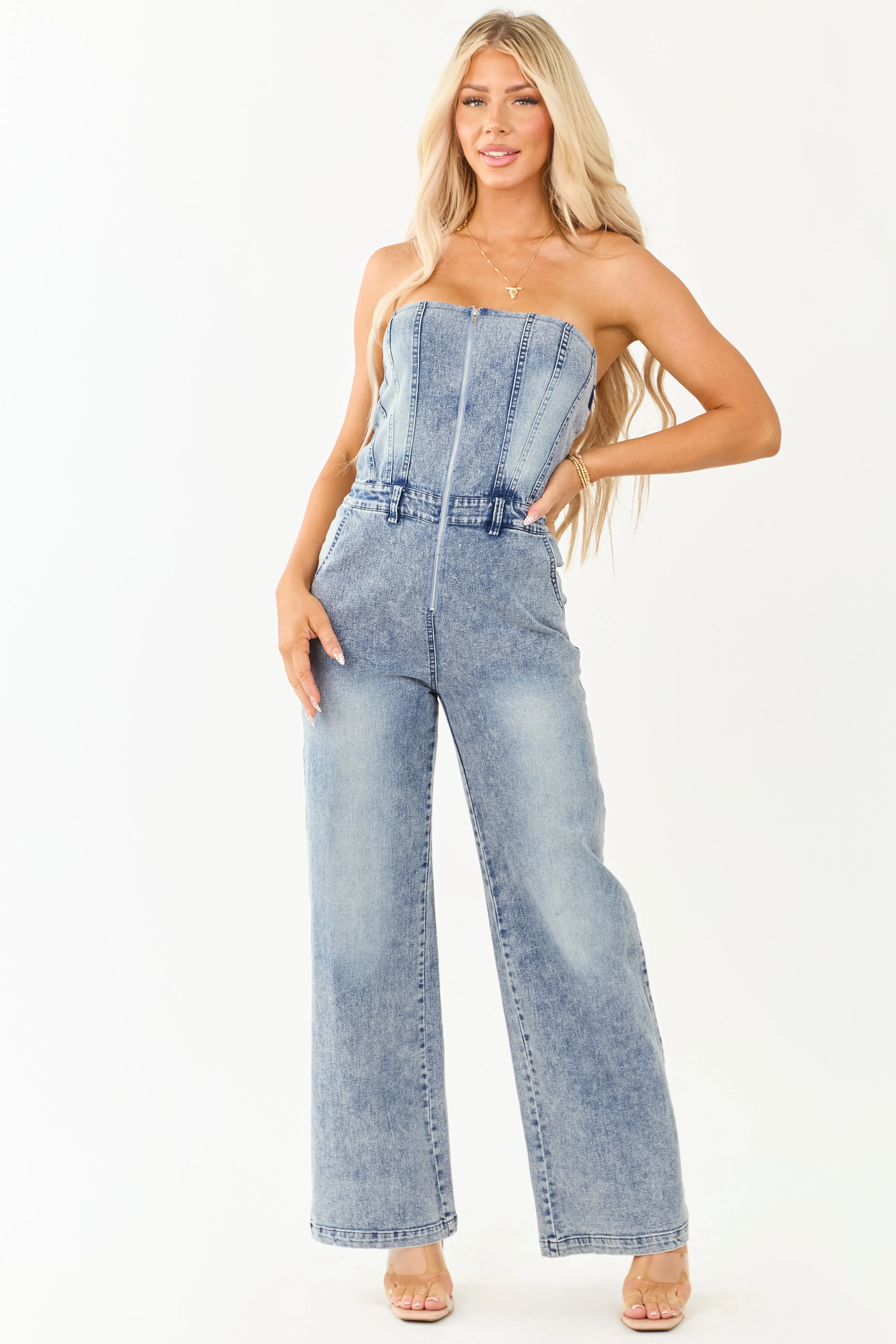 Medium Wash Denim Strapless Wide Leg Jumpsuit empire waist