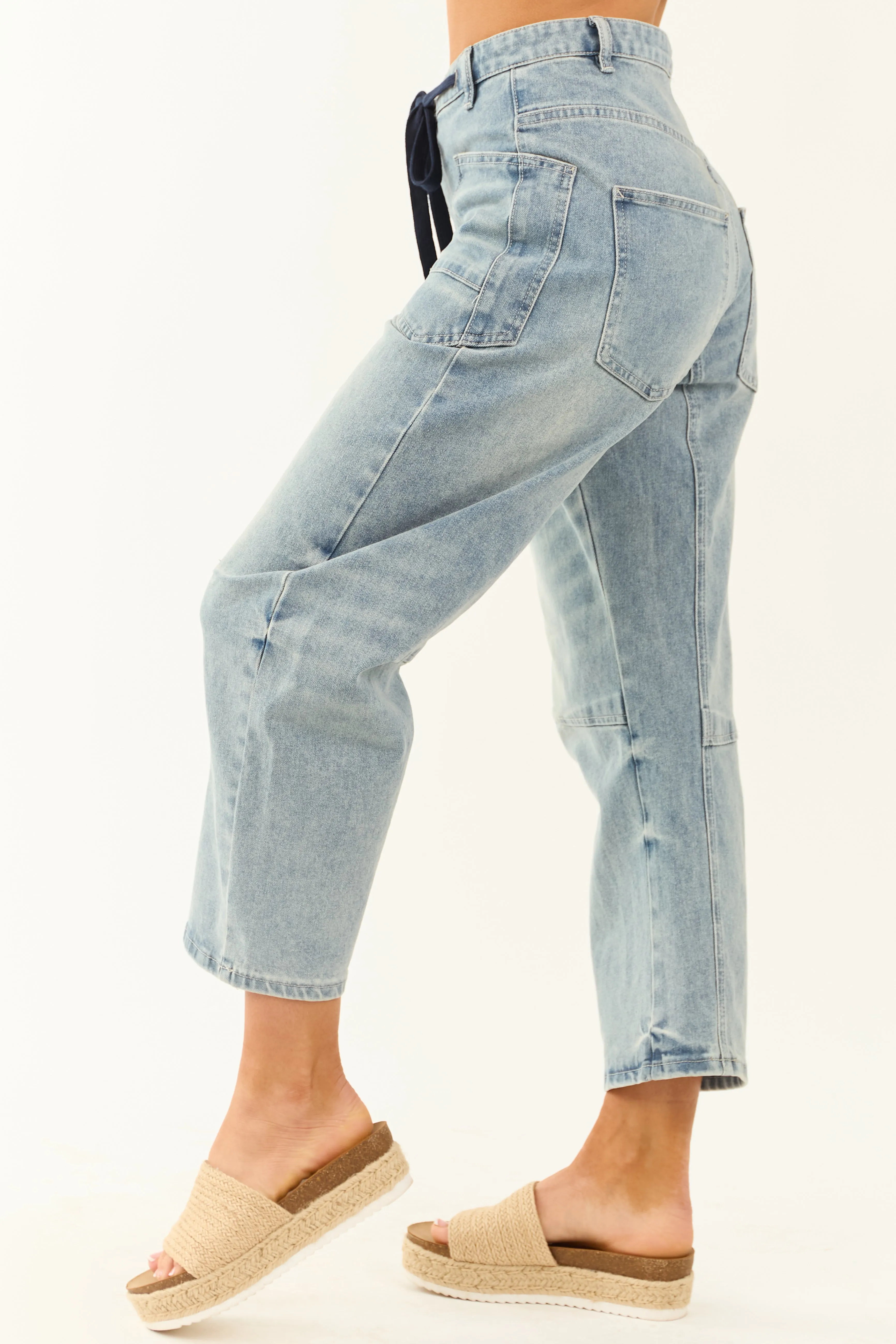 Medium Wash Drawstring Waist Soft Barrel Jeans wear voice