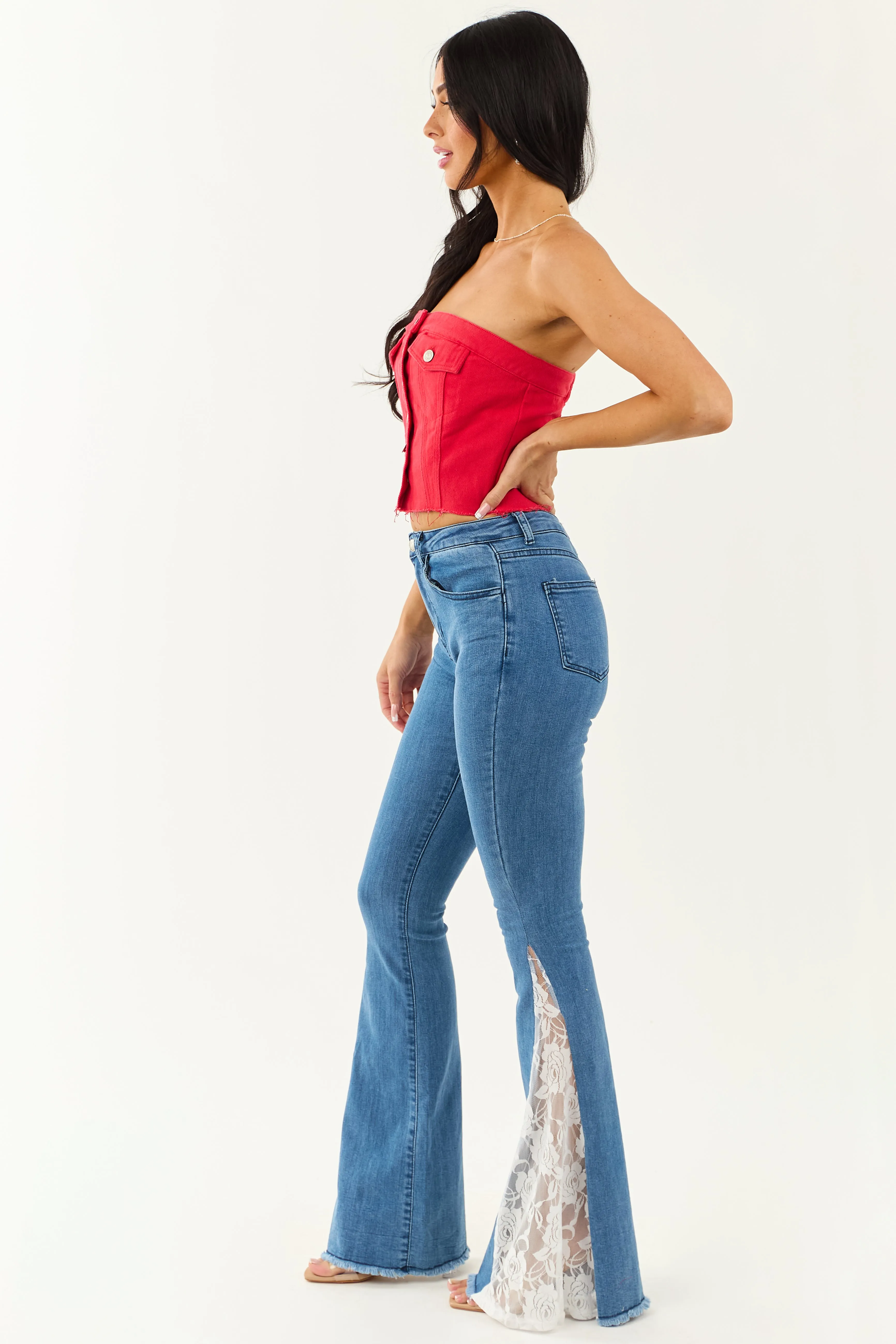 Medium Wash Lace Contrast Stretchy Flare Leg Jeans style shift