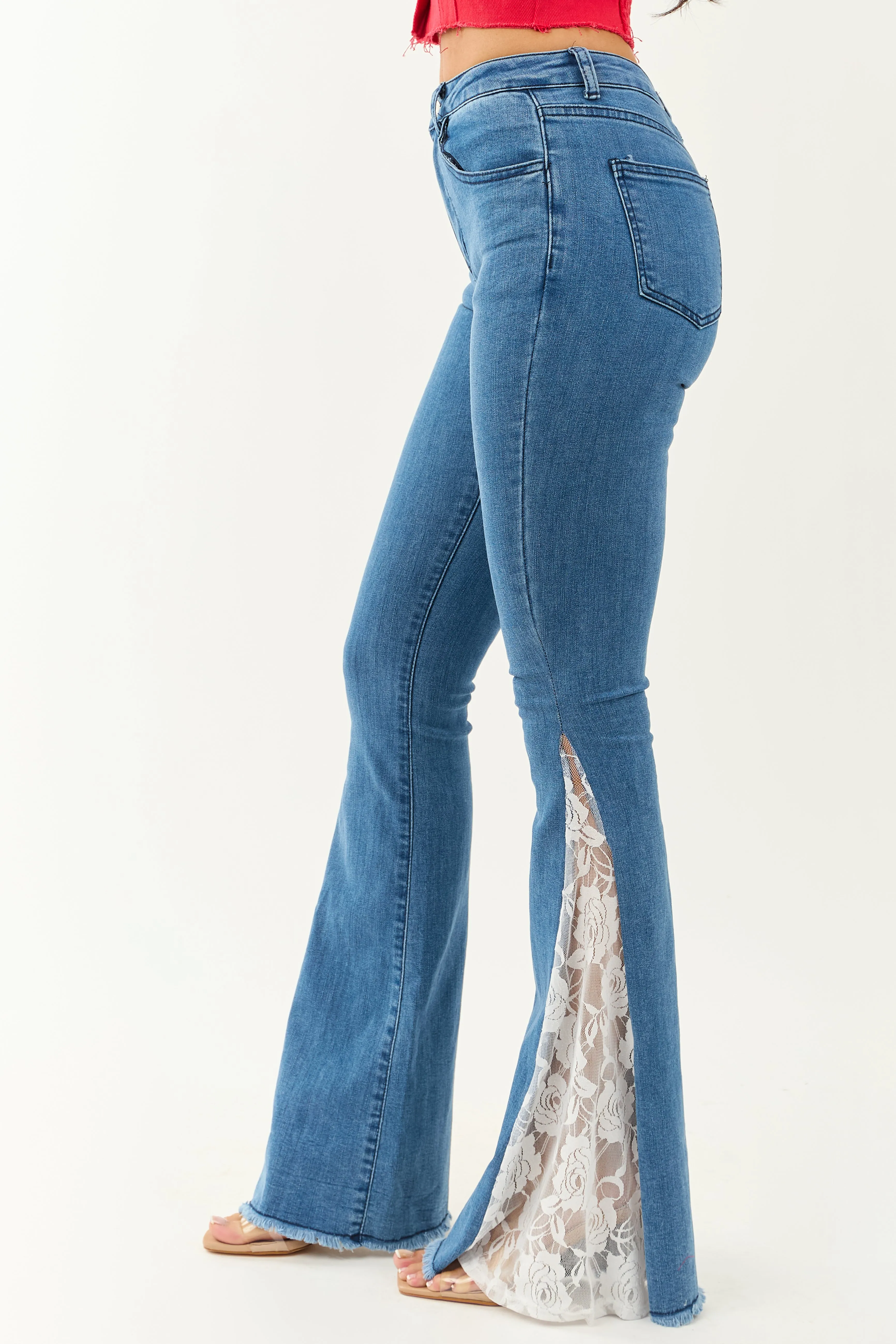 Medium Wash Lace Contrast Stretchy Flare Leg Jeans style shift