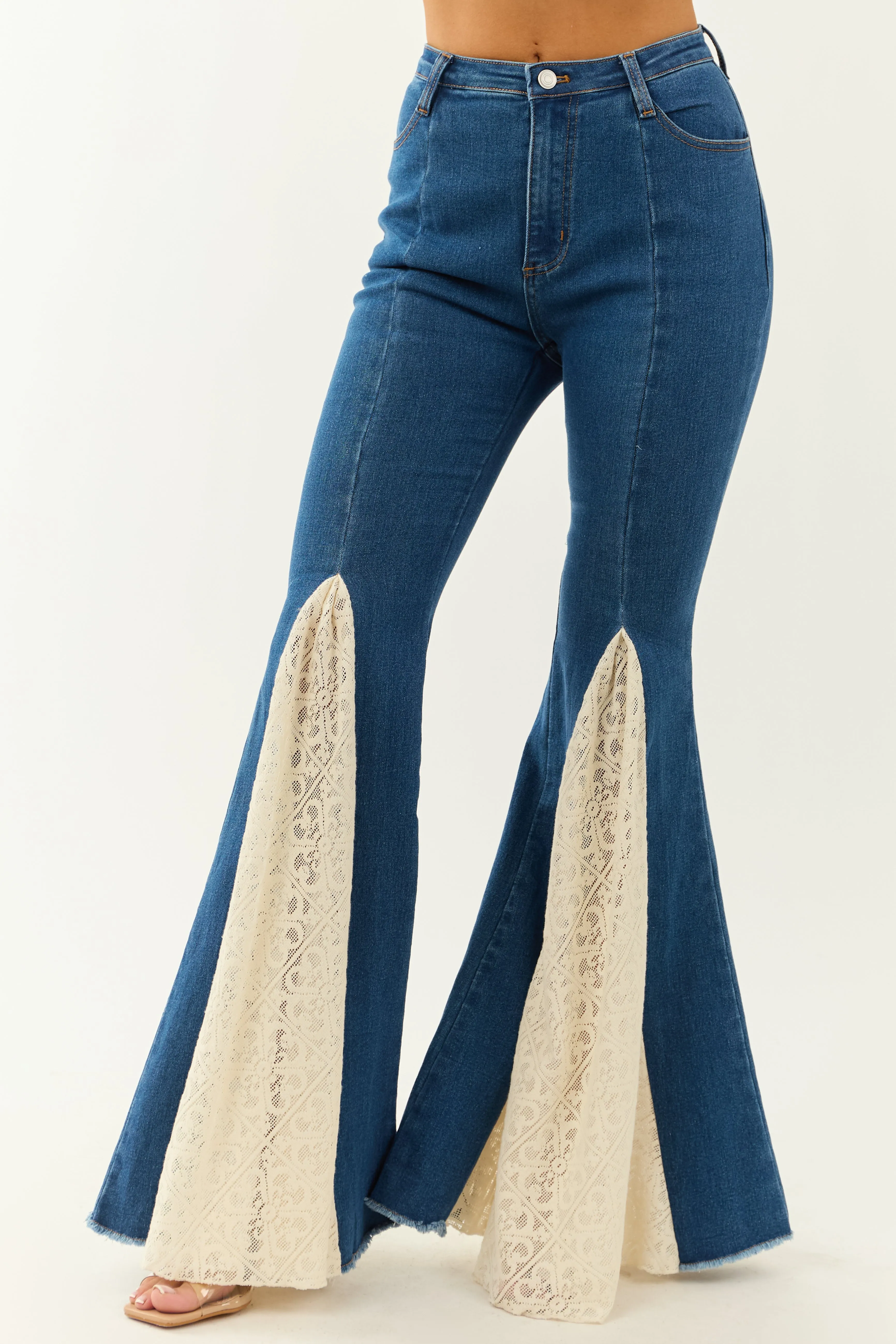 Medium Wash Super Flare Lace Hem Stretchy Jeans daily pick