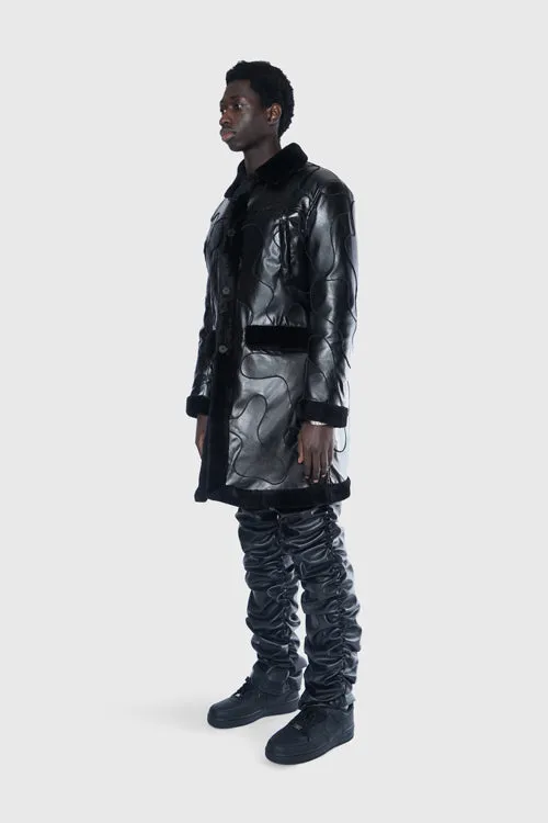 Metal Logo Faux Lambskin Shearling Coat dark tone