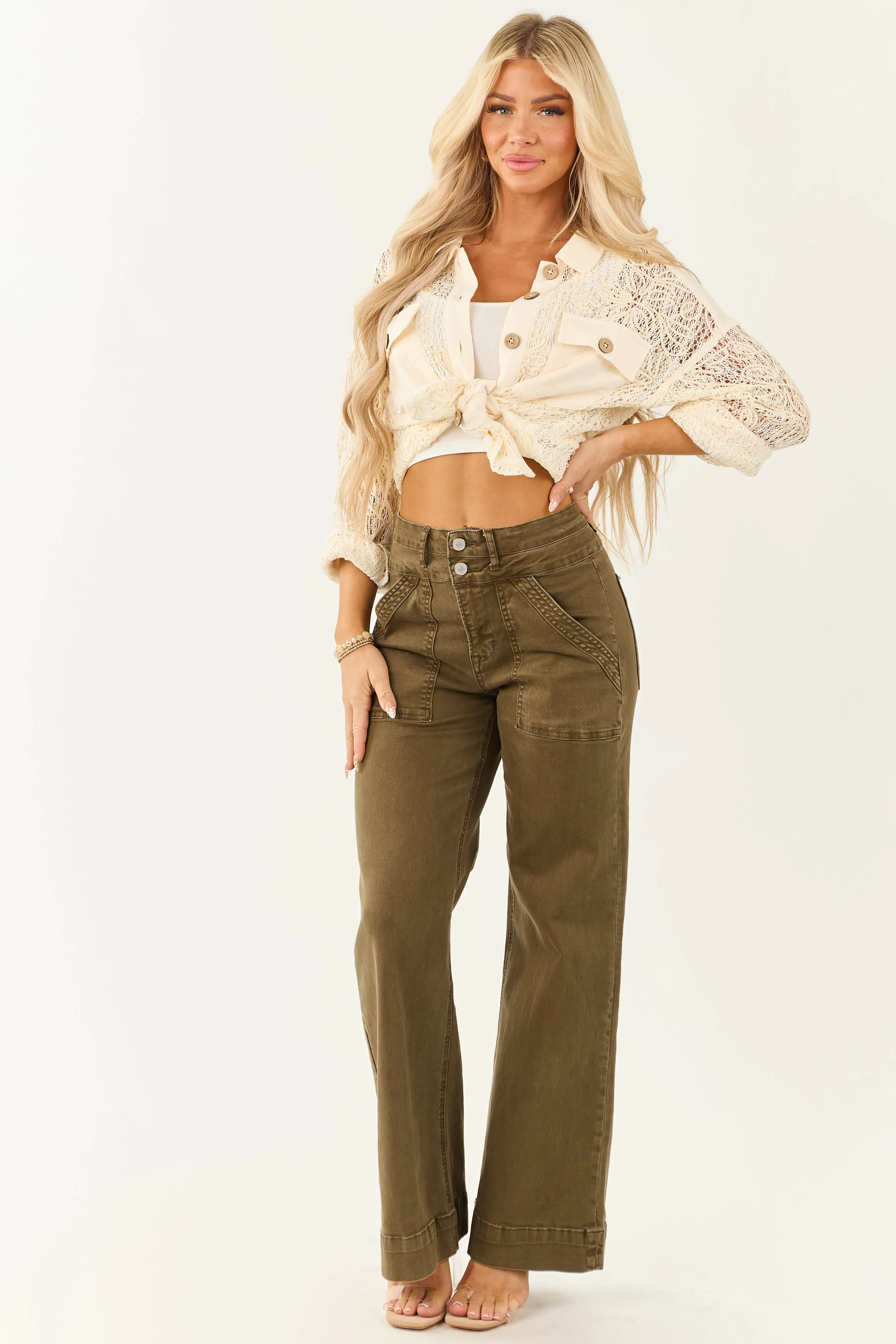 Mica Denim Army Green Wide Leg Stretchy Jeans youth choice