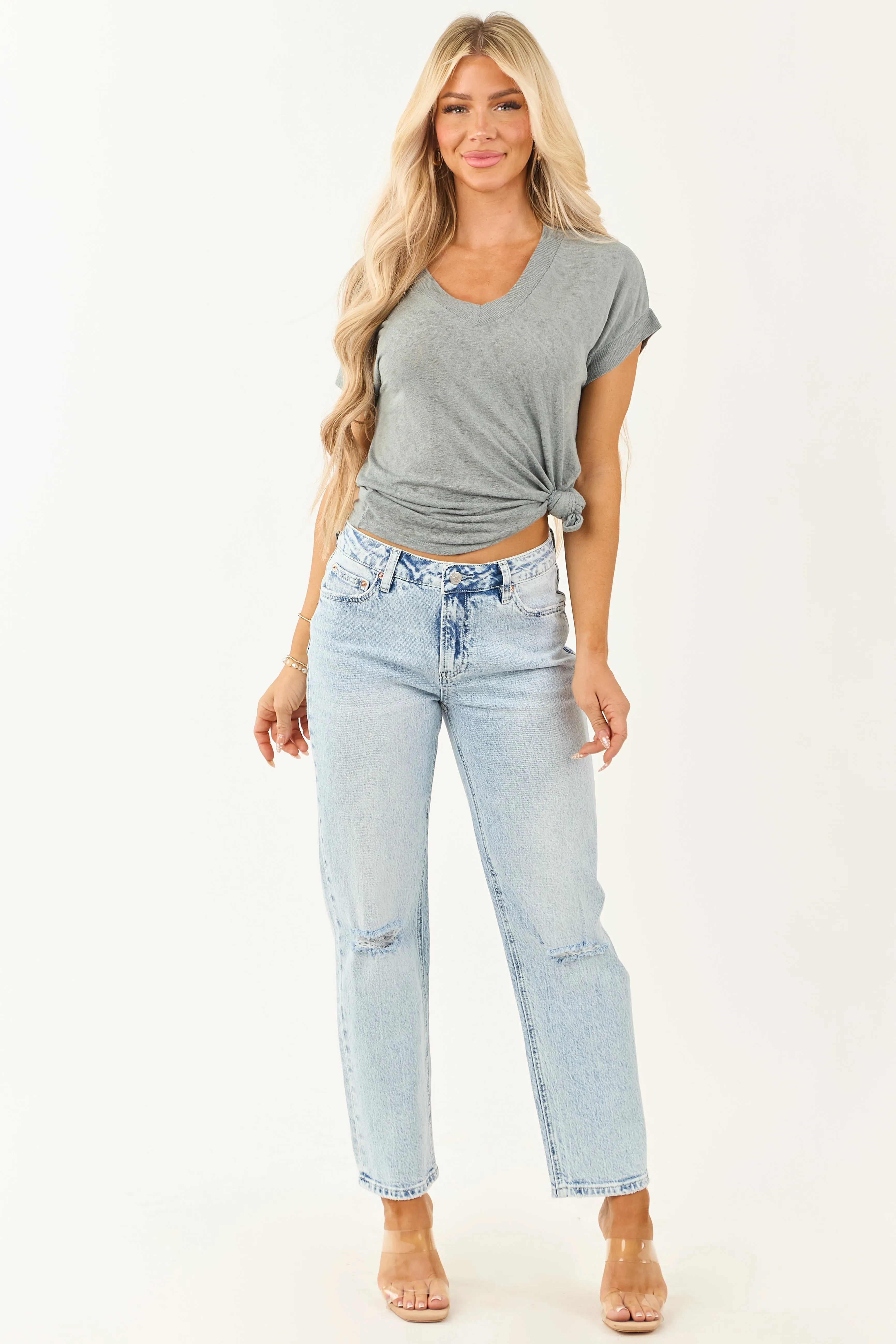 Mica Denim Light Acid Wash High Rise Straight Leg Jeans style boost