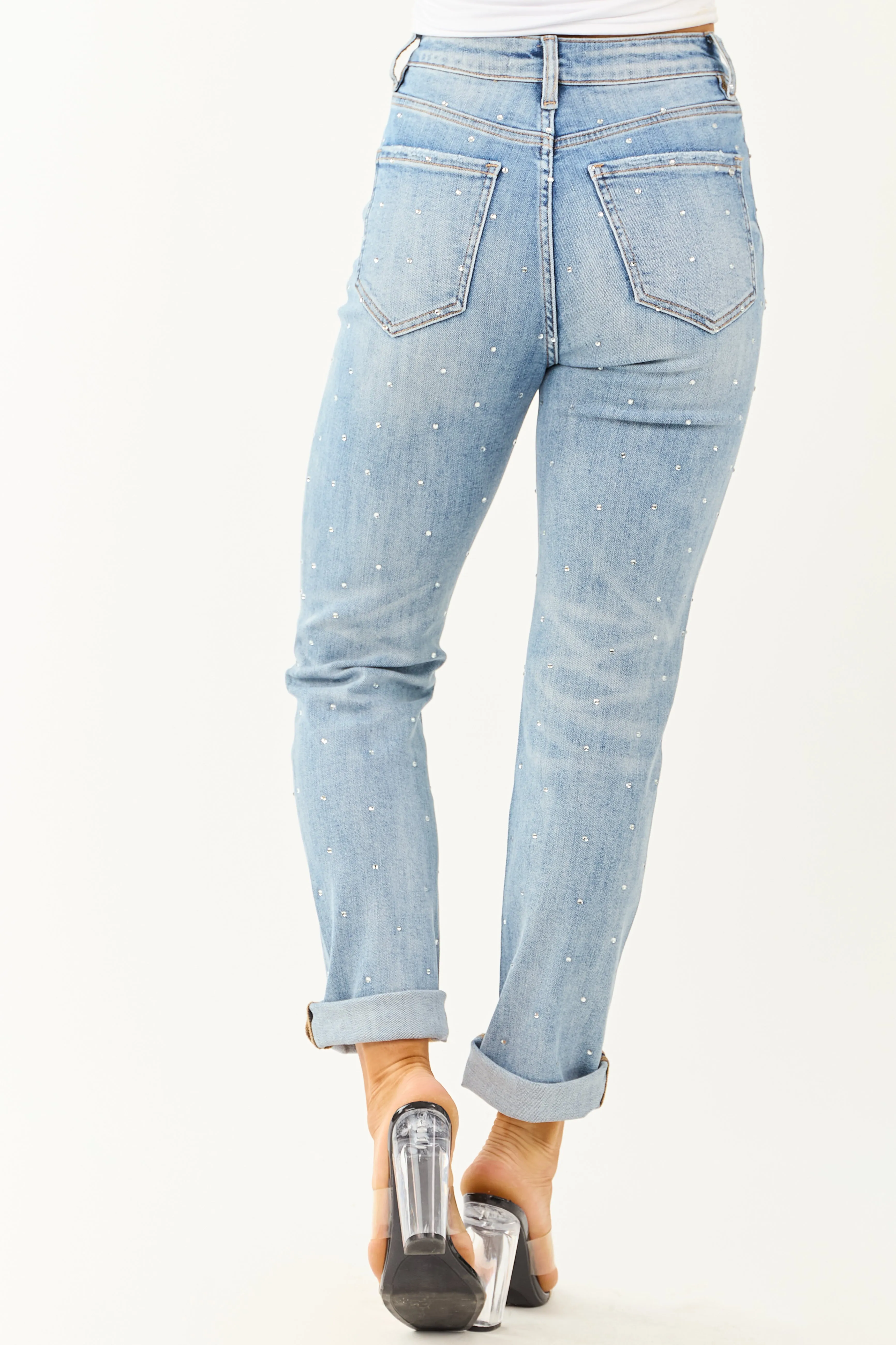 Mica Denim Light Rhinestone Stretchy Straight Jeans style shift