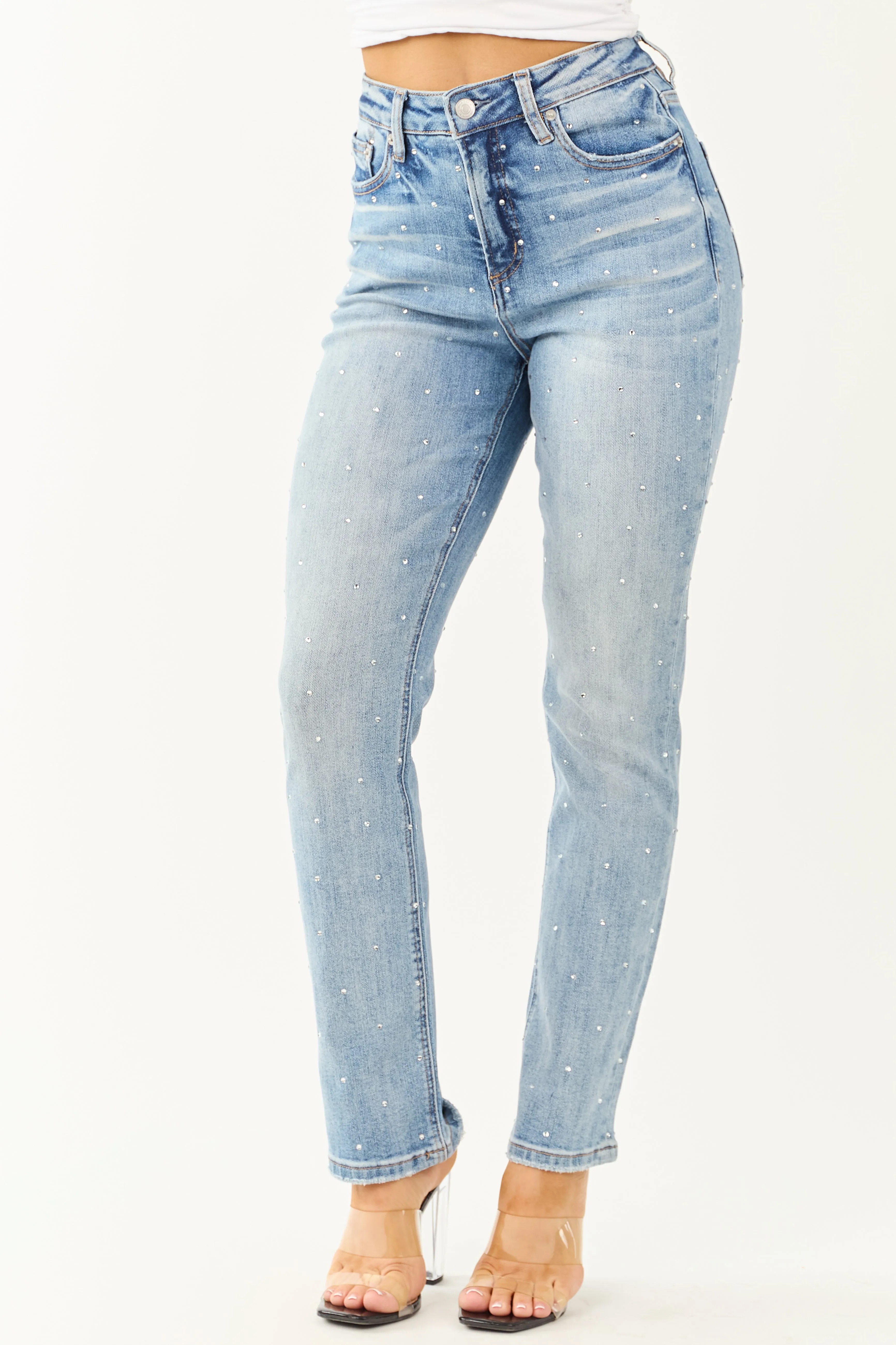 Mica Denim Light Rhinestone Stretchy Straight Jeans style shift