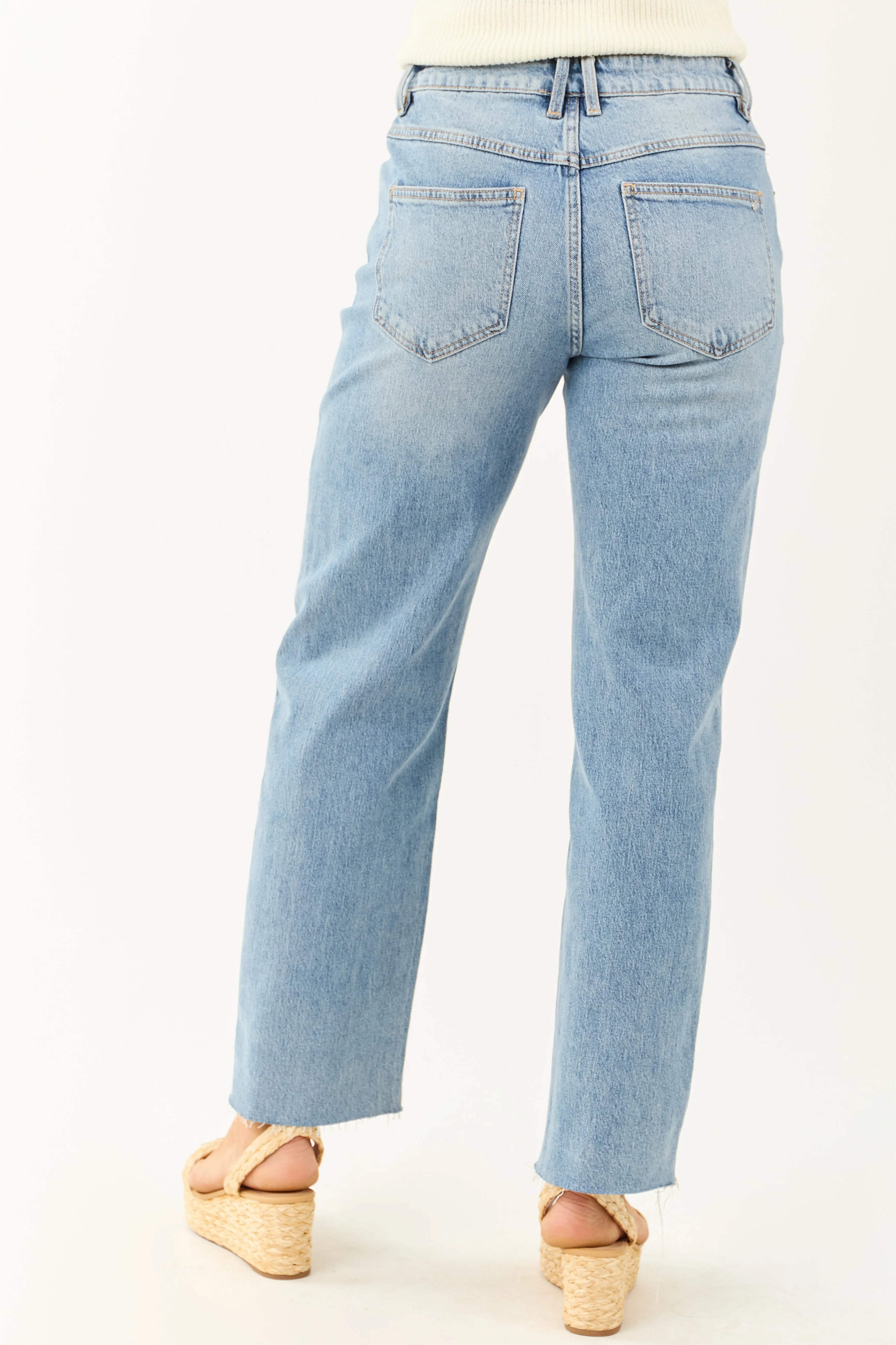 Mica Denim Light Wash Raw Hem Straight Jeans cool daily