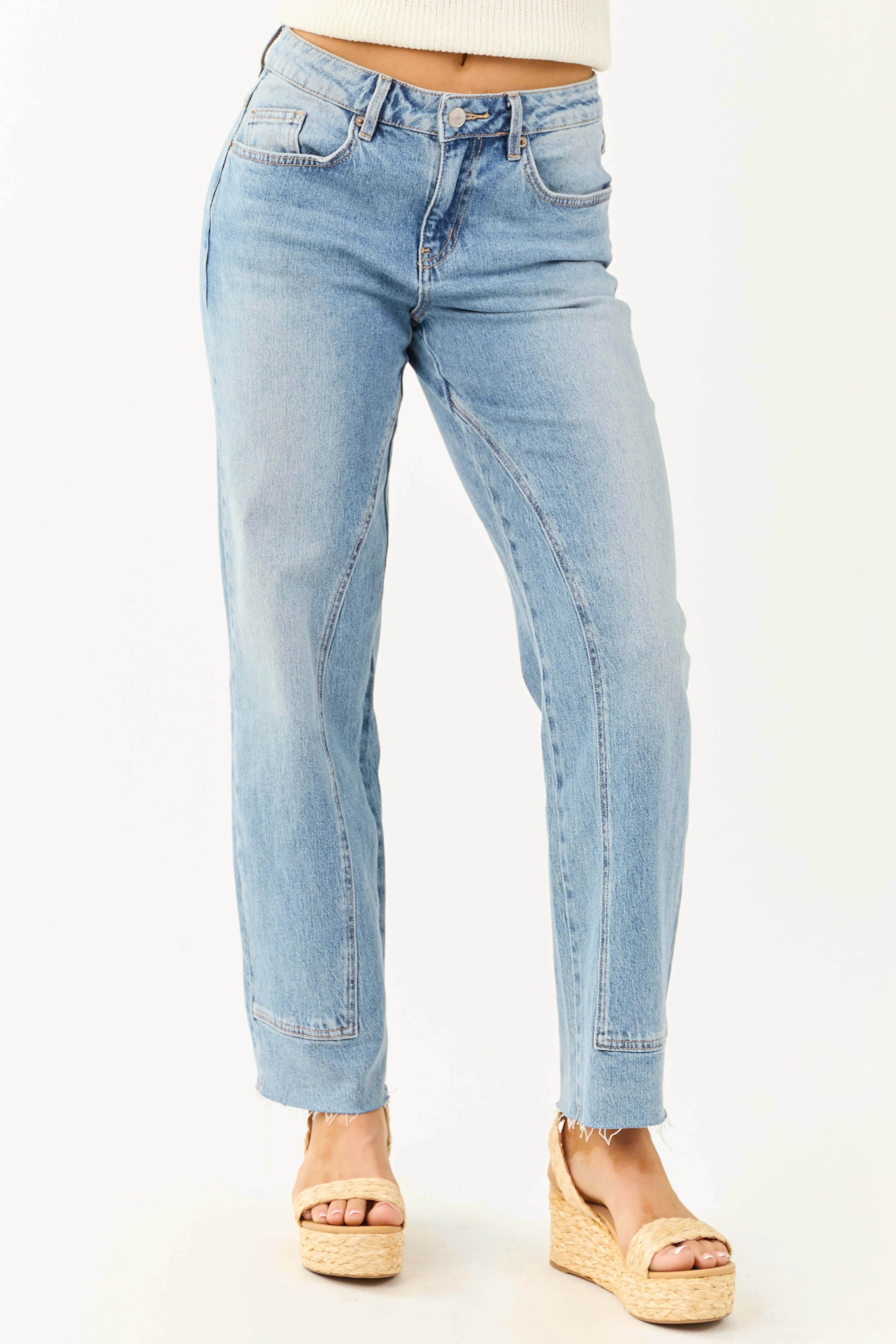 Mica Denim Light Wash Raw Hem Straight Jeans cool daily