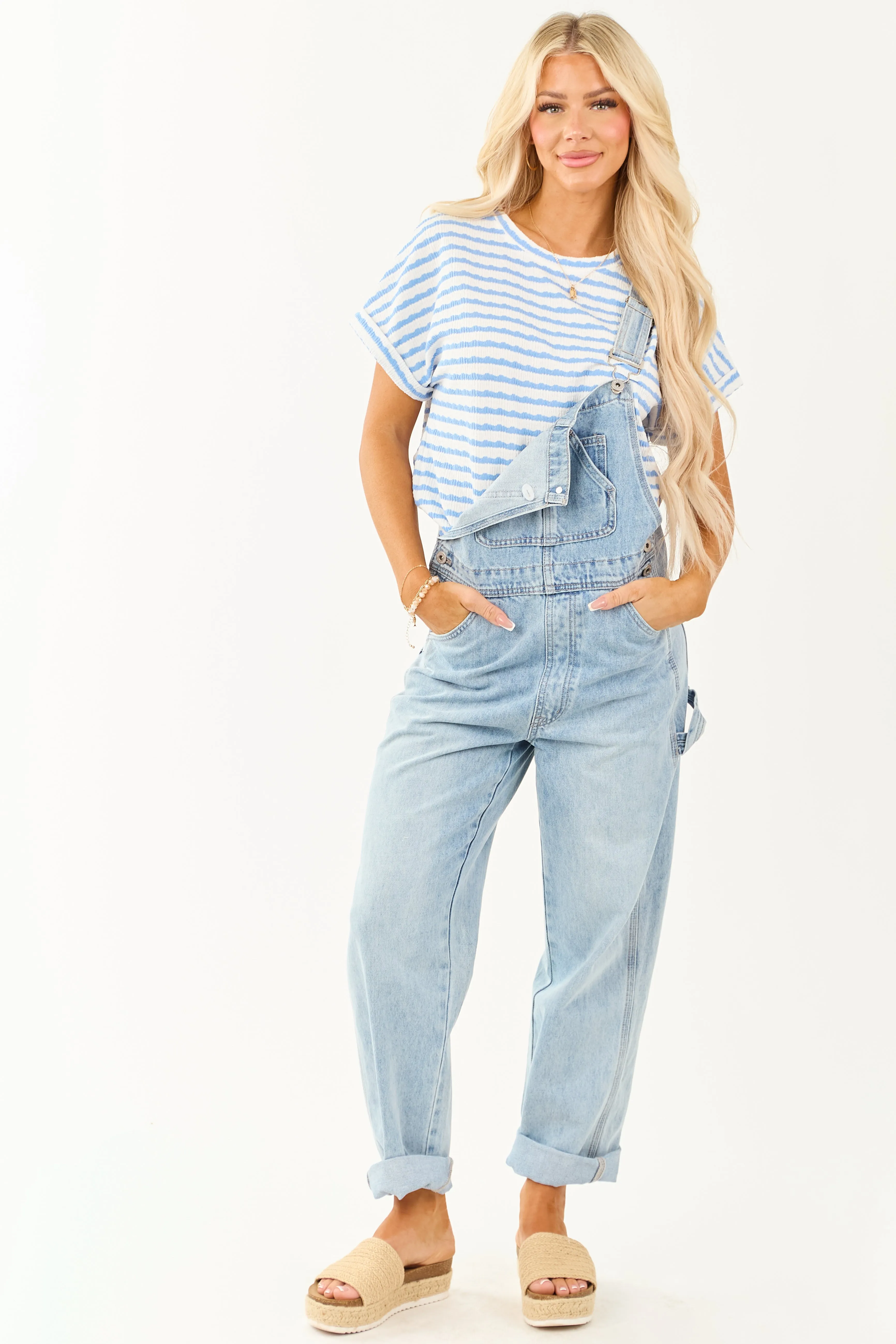 Mica Denim Light Wash Utility Straight Leg Overalls flowy dress
