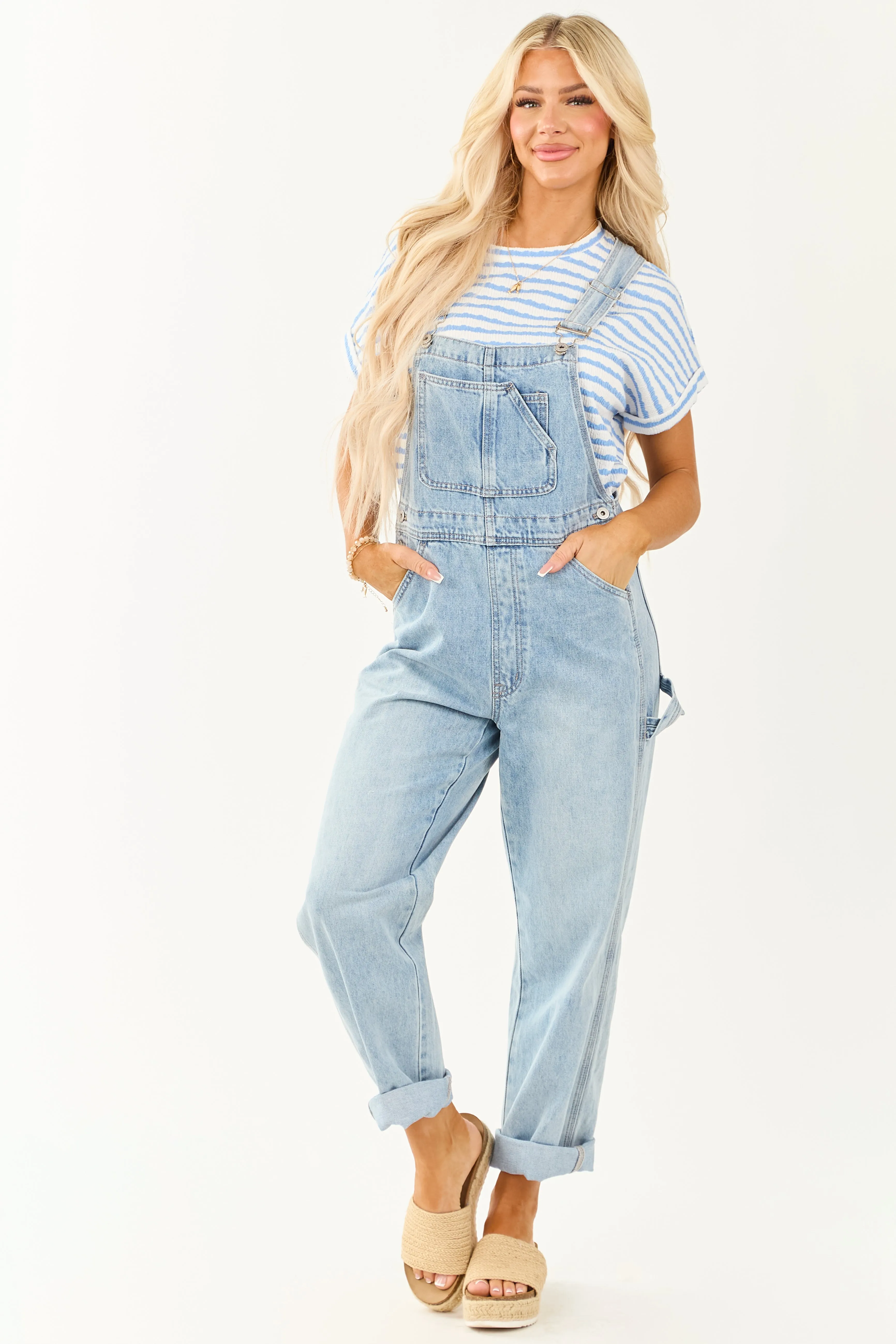 Mica Denim Light Wash Utility Straight Leg Overalls flowy dress