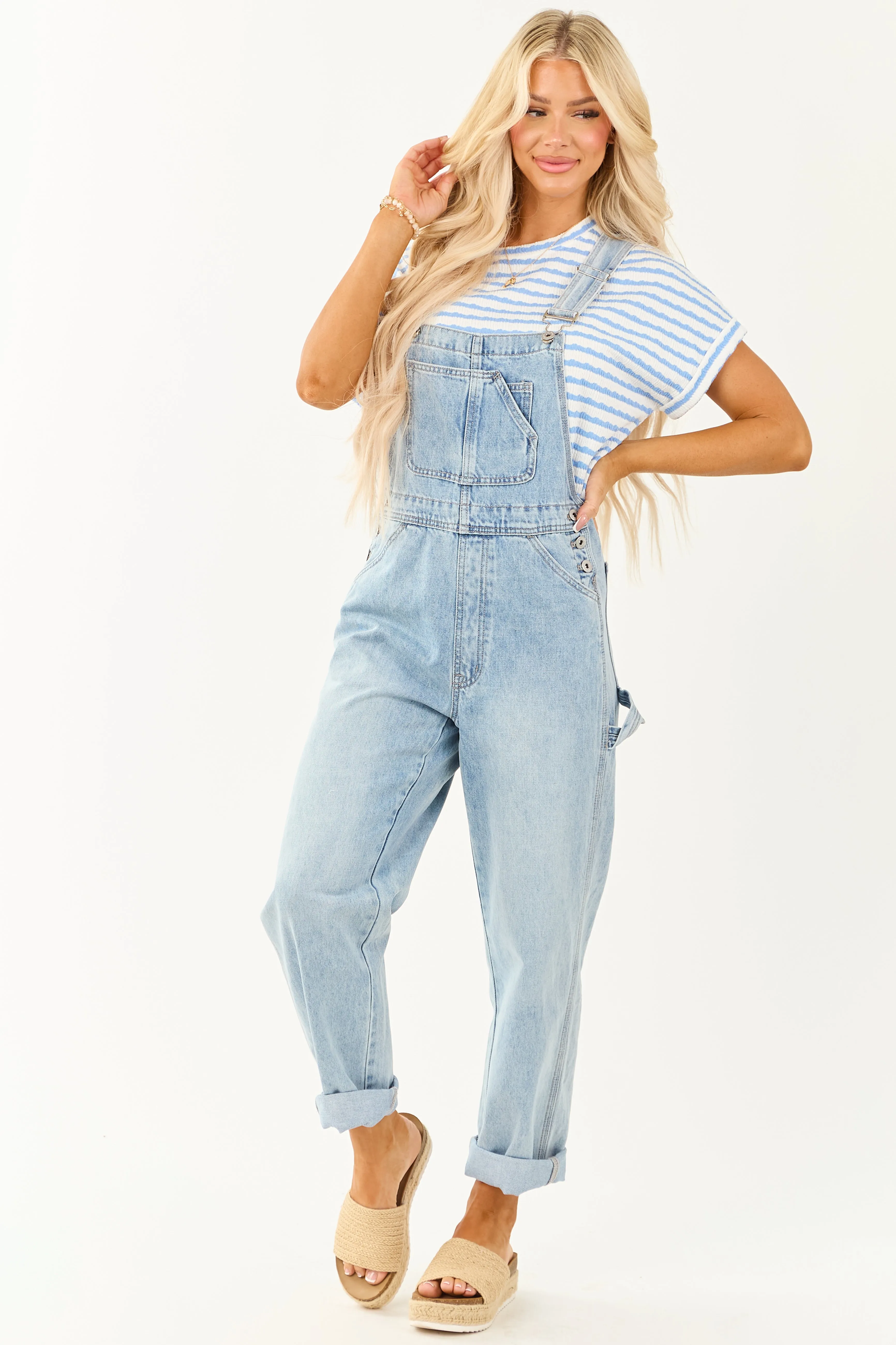 Mica Denim Light Wash Utility Straight Leg Overalls flowy dress