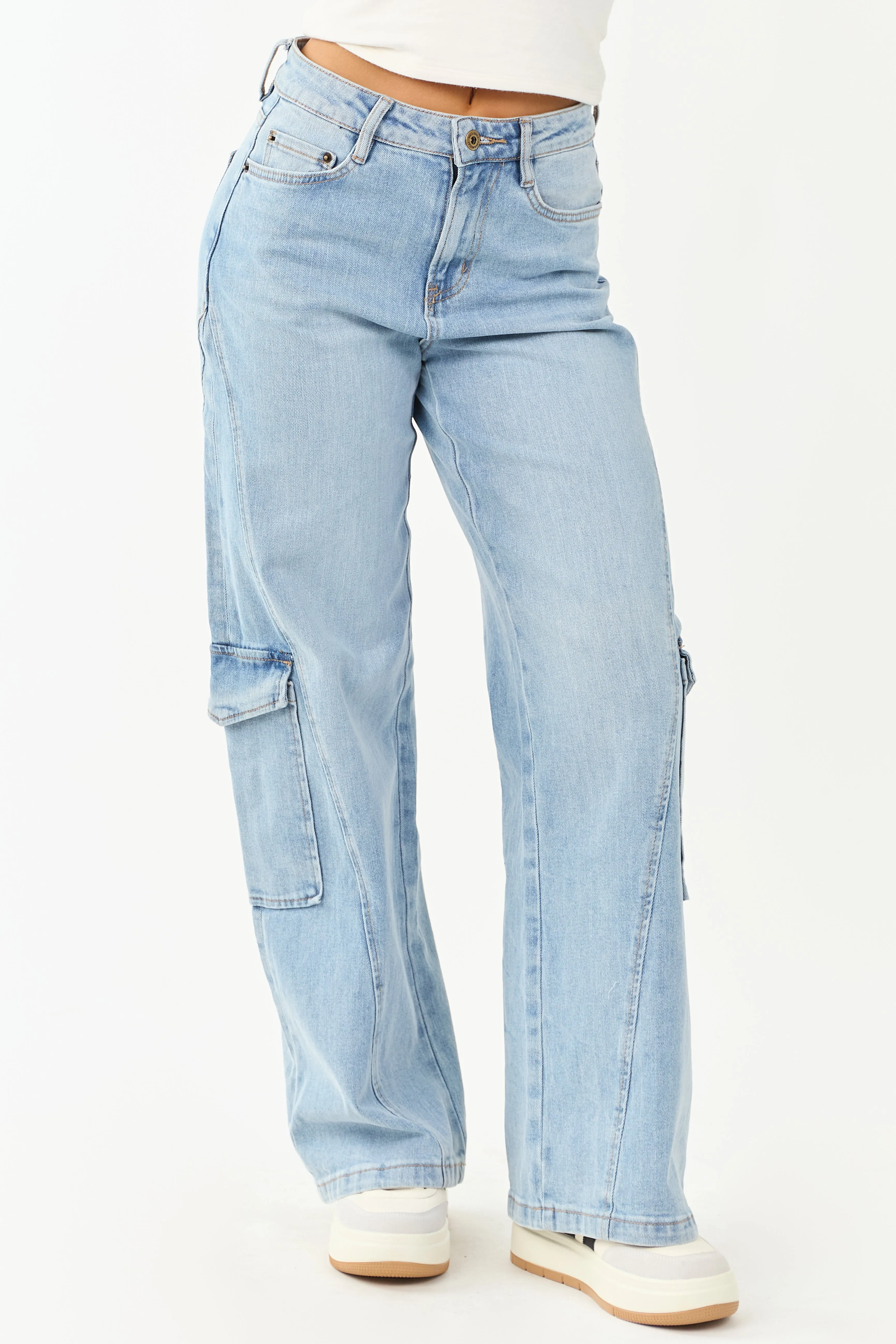 Mica Denim Light Wash Wide Leg Cargo Jeans day night