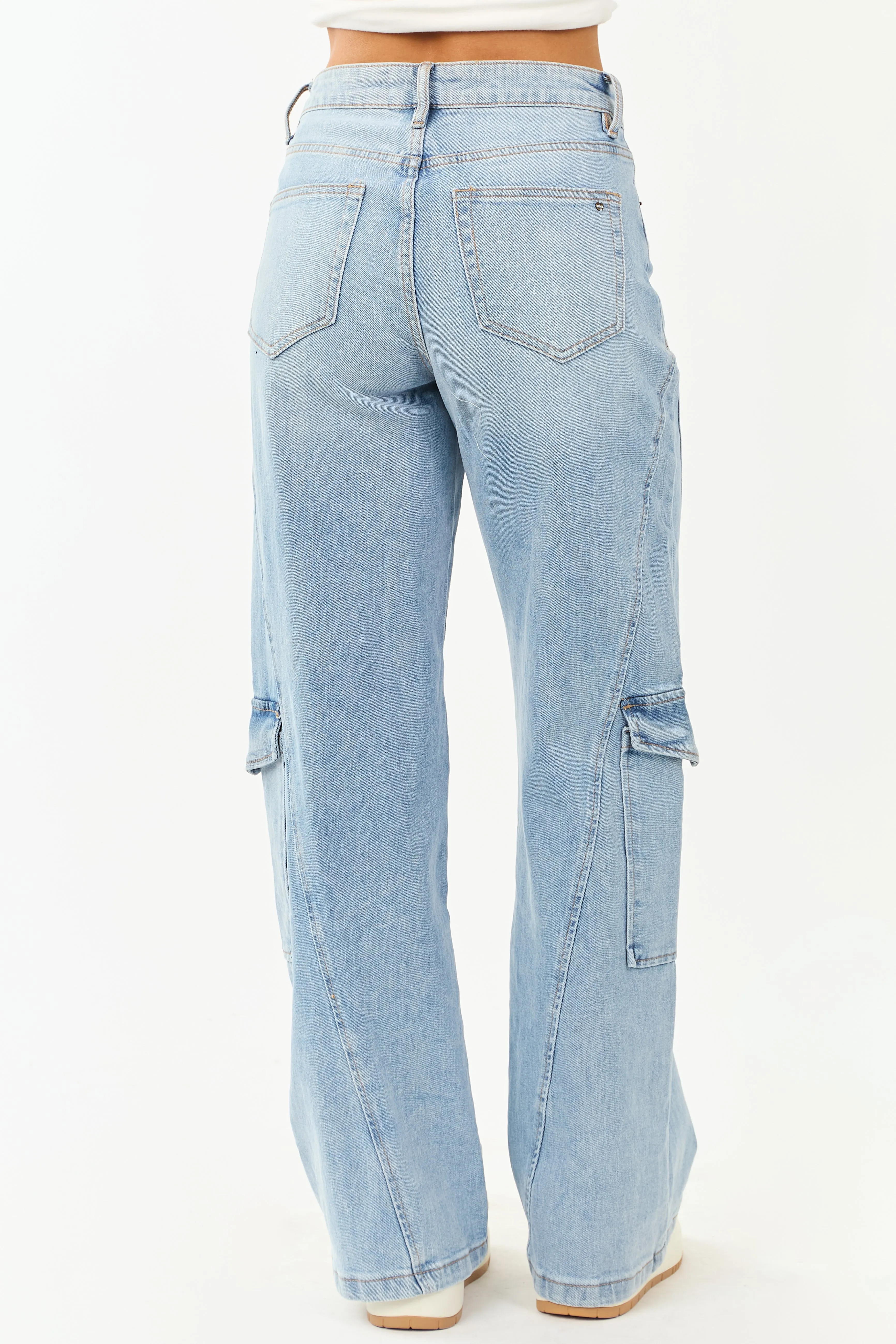 Mica Denim Light Wash Wide Leg Cargo Jeans day night