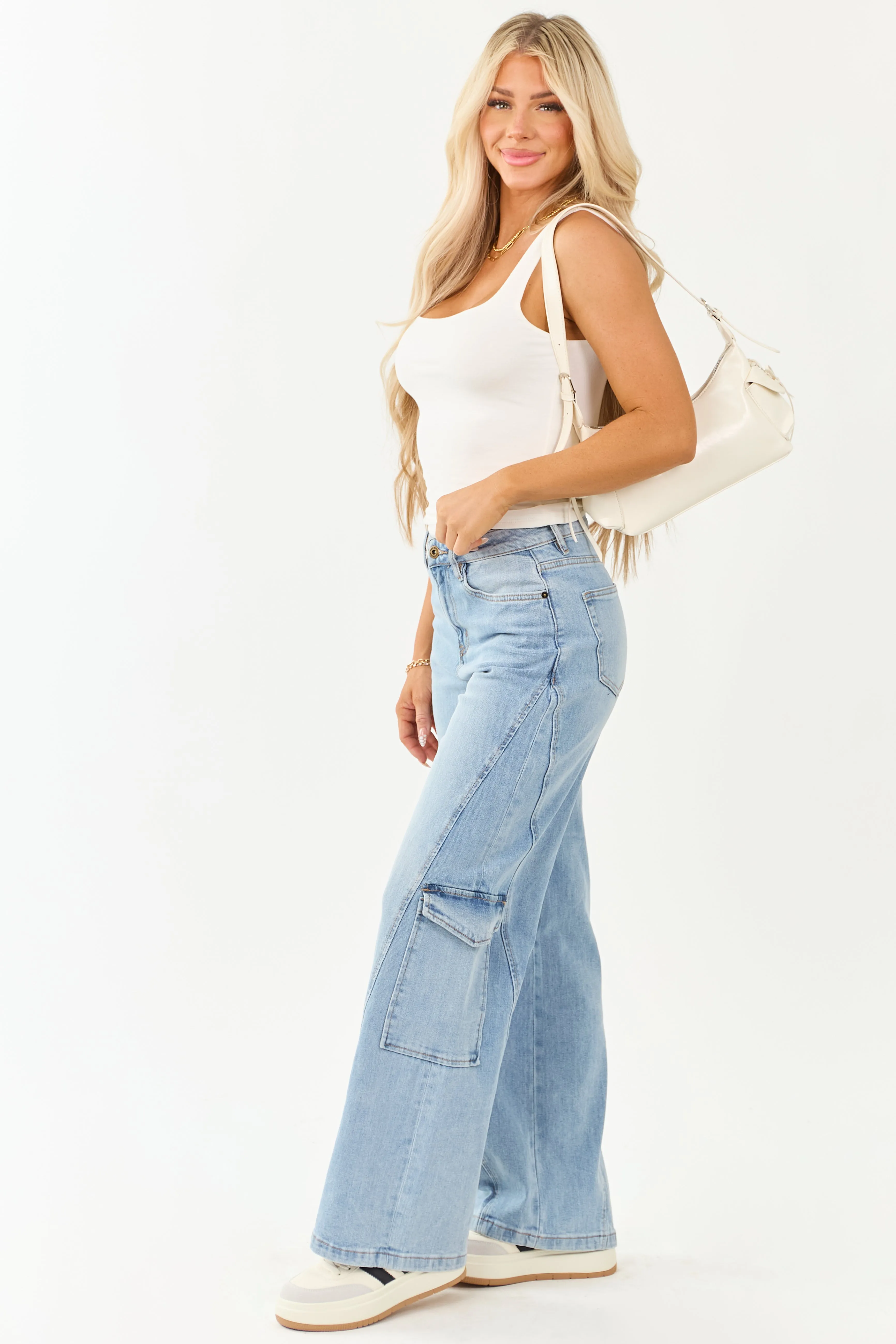 Mica Denim Light Wash Wide Leg Cargo Jeans day night