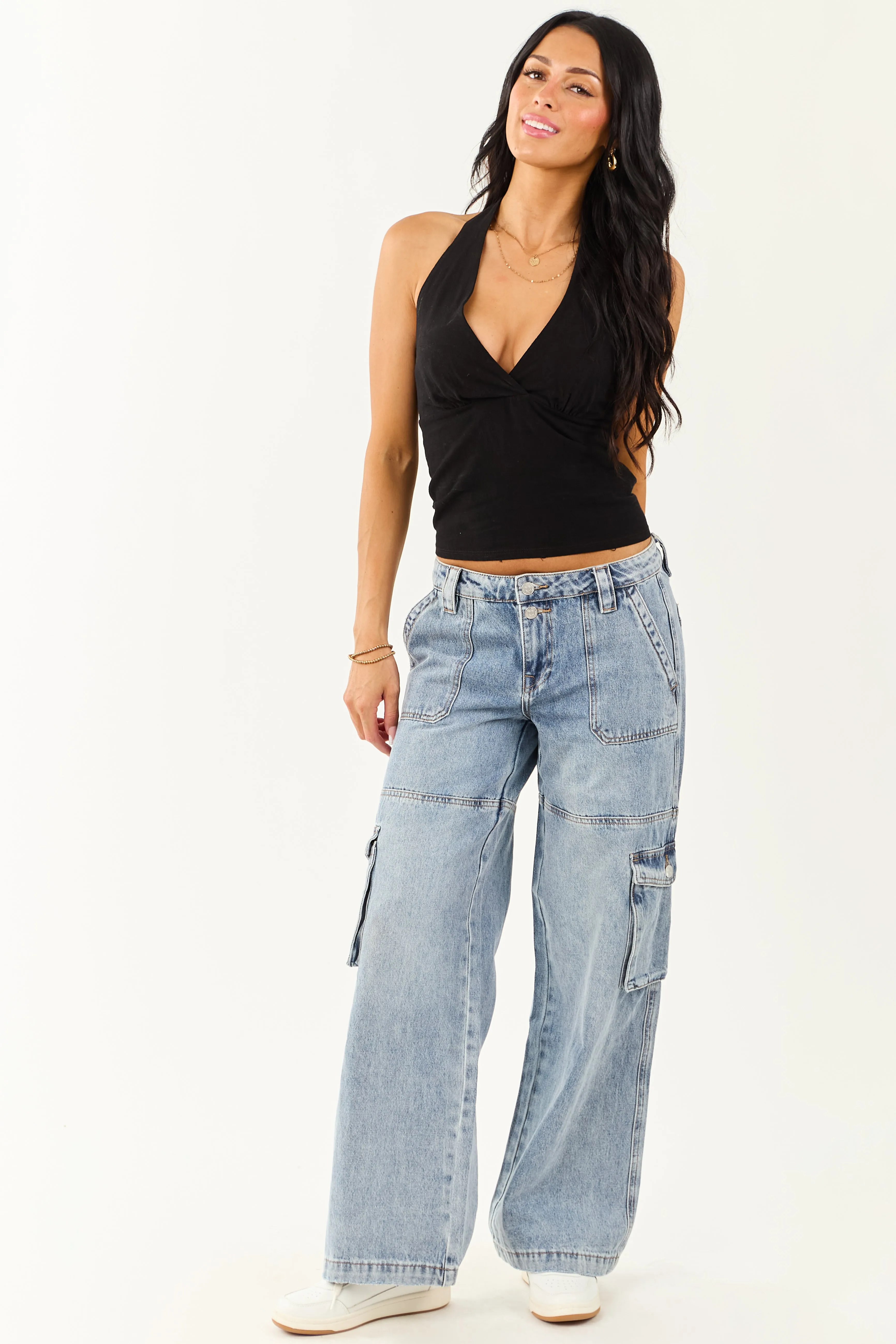 Mica Denim Medium Wash Cargo Wide Leg Jeans elastic fit