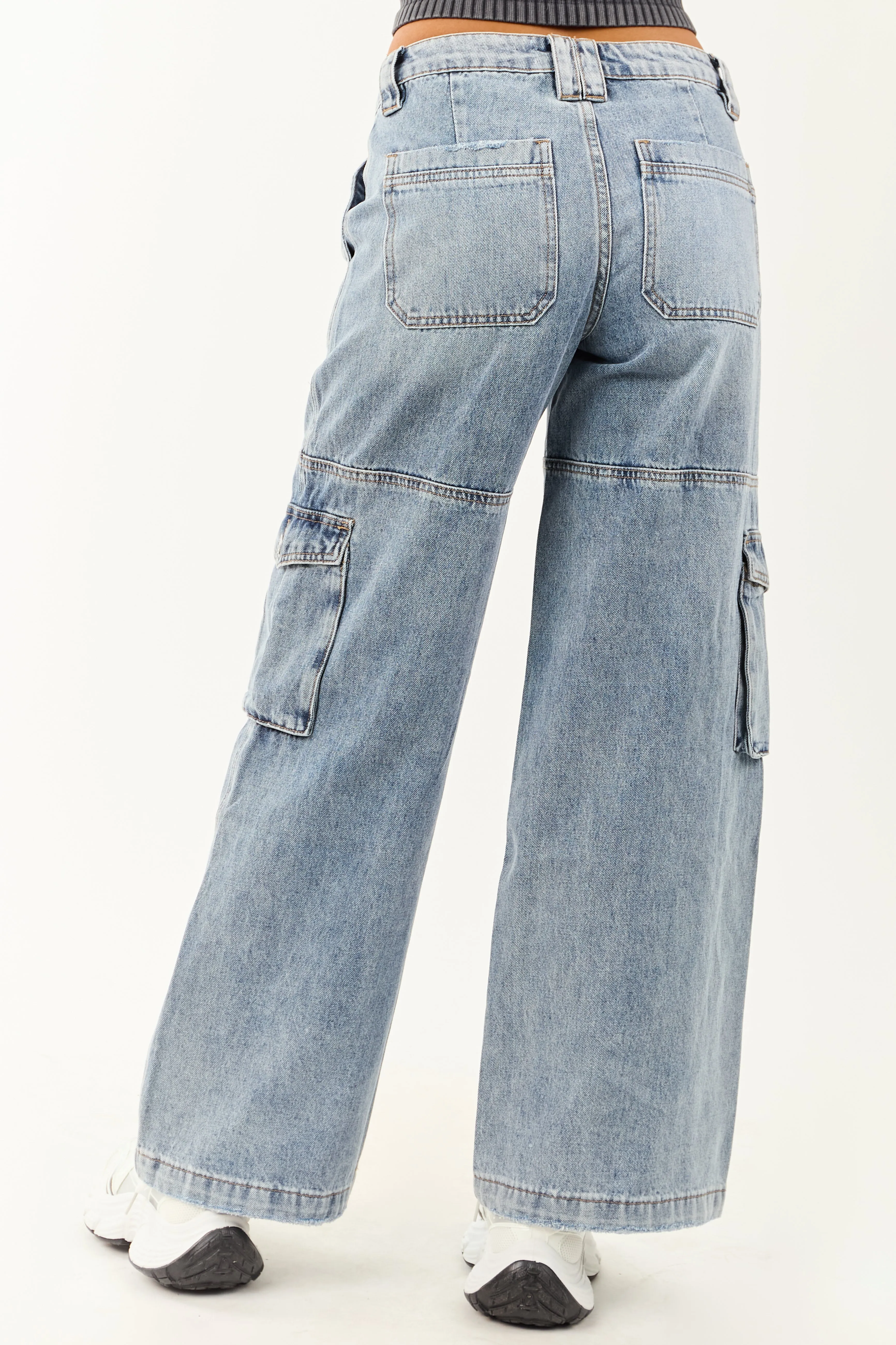 Mica Denim Medium Wash Cargo Wide Leg Jeans elastic fit