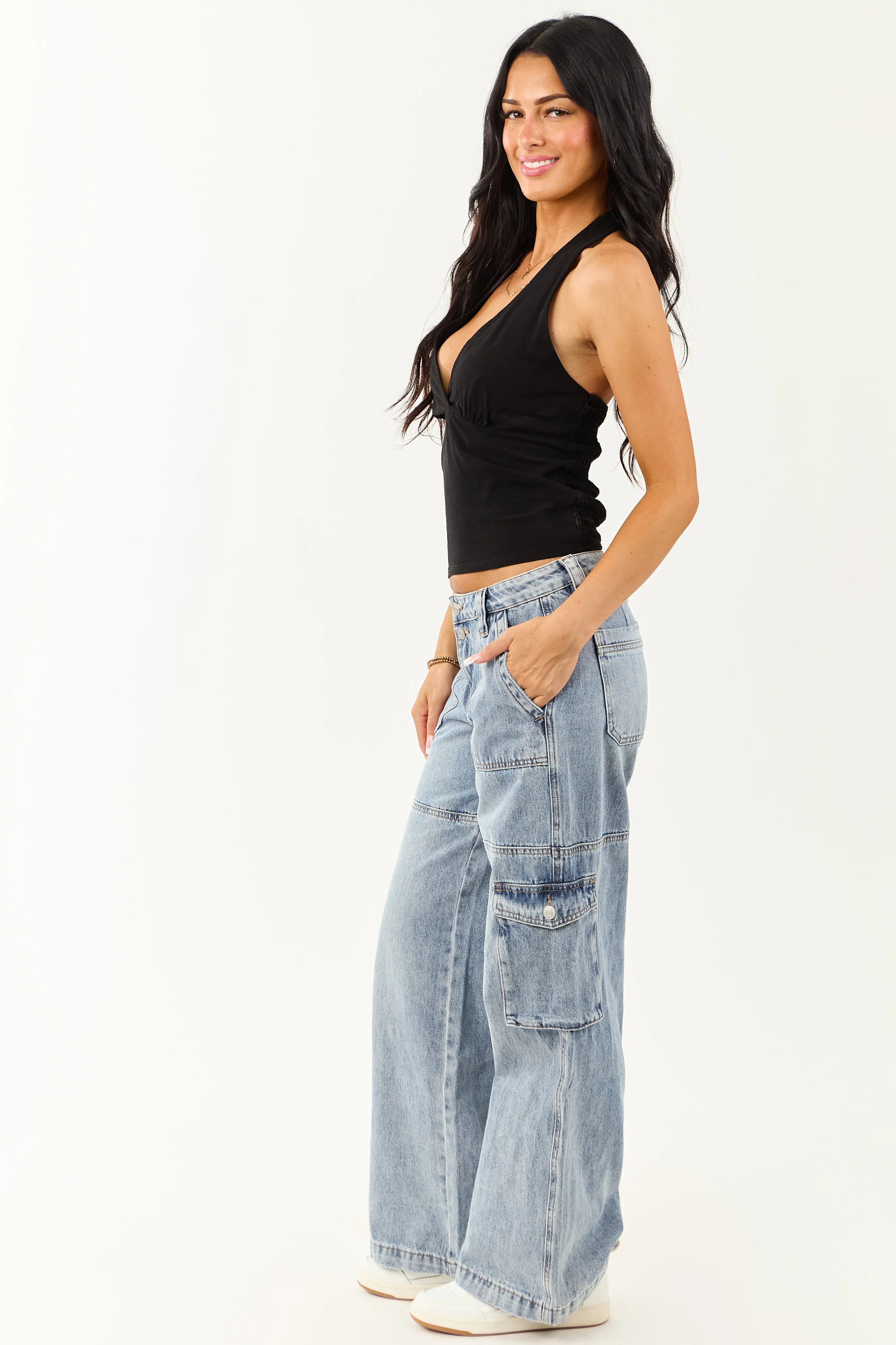 Mica Denim Medium Wash Cargo Wide Leg Jeans elastic fit