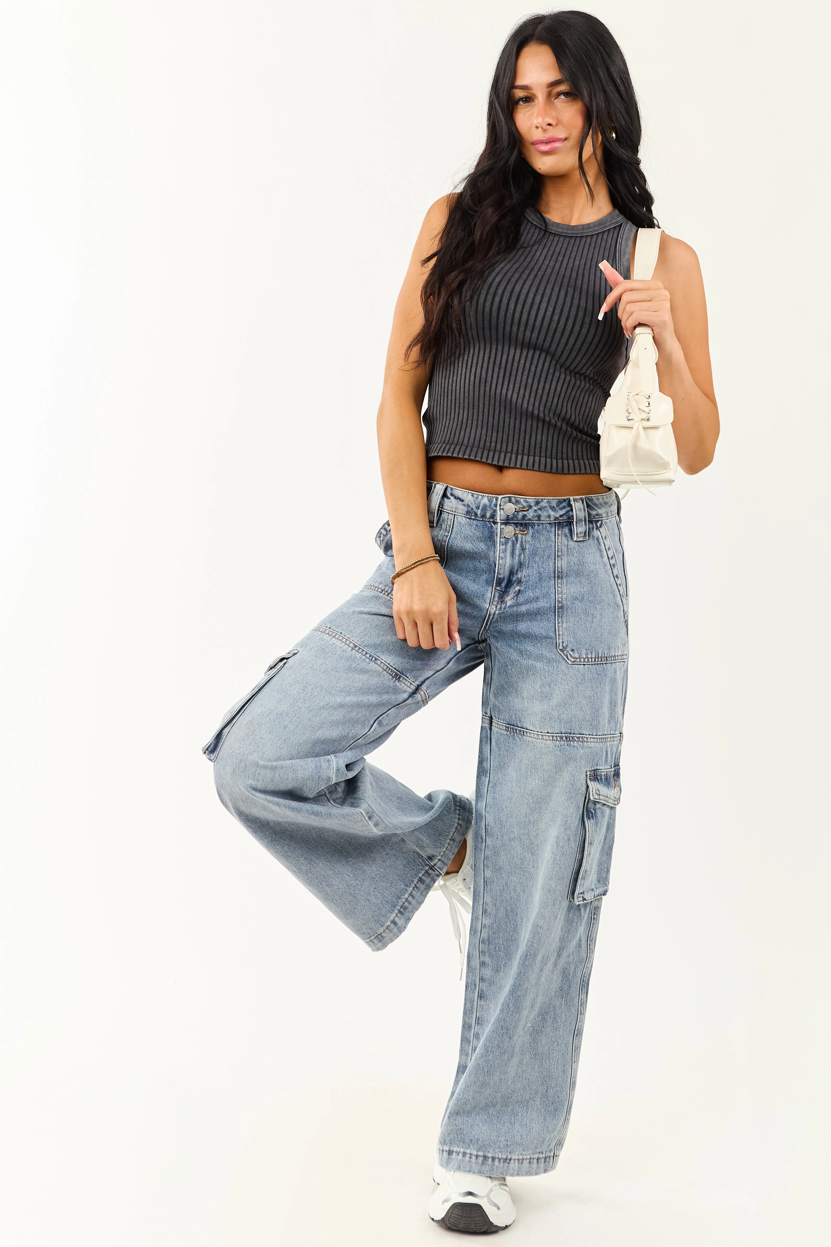 Mica Denim Medium Wash Cargo Wide Leg Jeans elastic fit